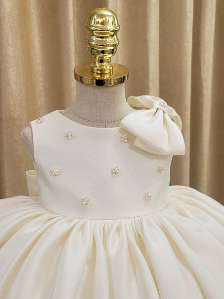 Princess Round Neck Tea Length Satin Flower Girl Dress - White for Weddings, Parties & Special Occasions
