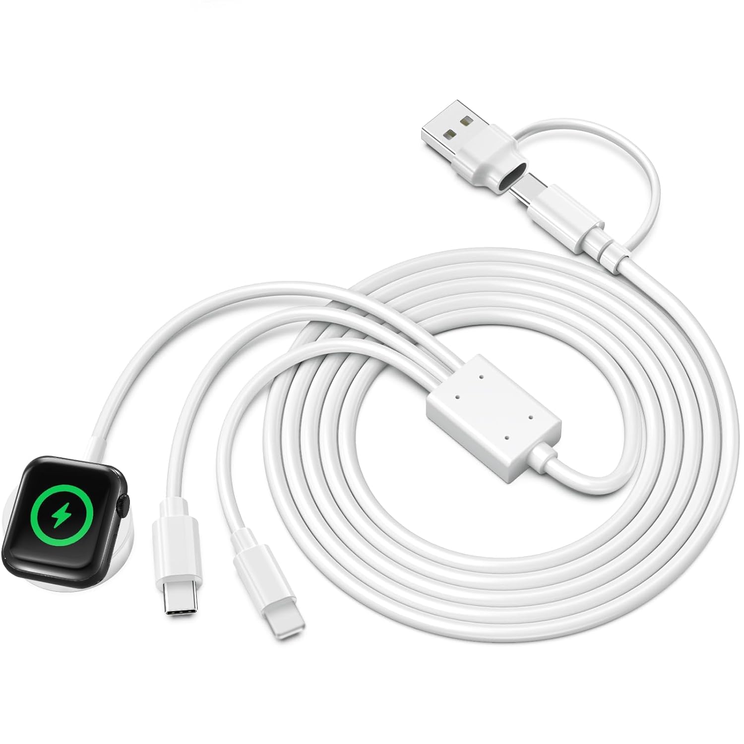 3-in-2 Multi Charging Cable for Apple Watch & iPhone - Fast USB C/A Charger Compatible with iWatch Ultra/Series 10-2/SE2 & iPhone 16/15/Galaxy S23 (4FT) - Perfect for Travel, Office, and Home Charging