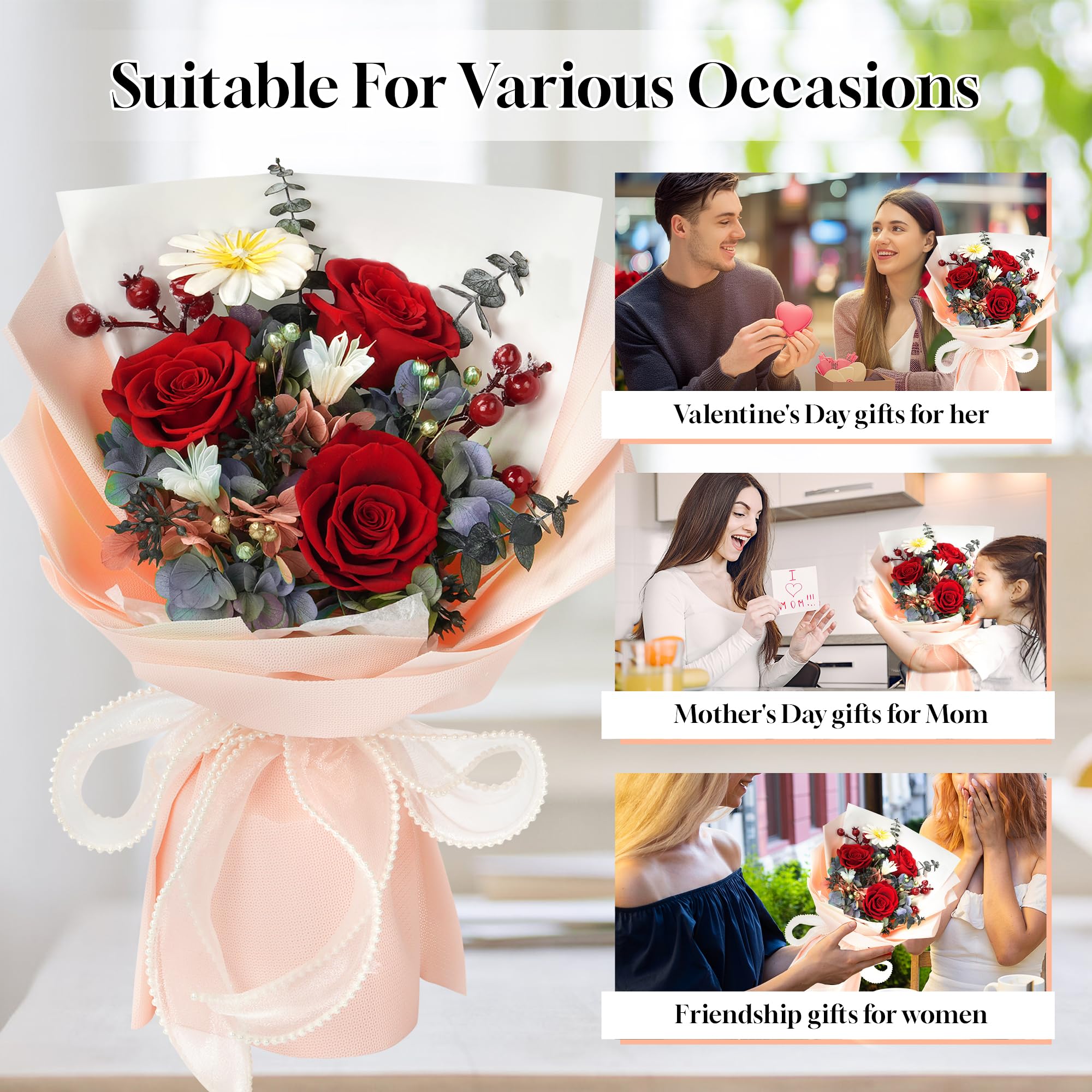 Preserved Real Rose Bouquet - Long Lasting Flowers for Delivery, Perfect Mother's Day, Birthday, Anniversary & Valentine's Gifts for Women, Mom, Wife, Grandma - Romantic Home Decor & Special Occasion Centerpiece