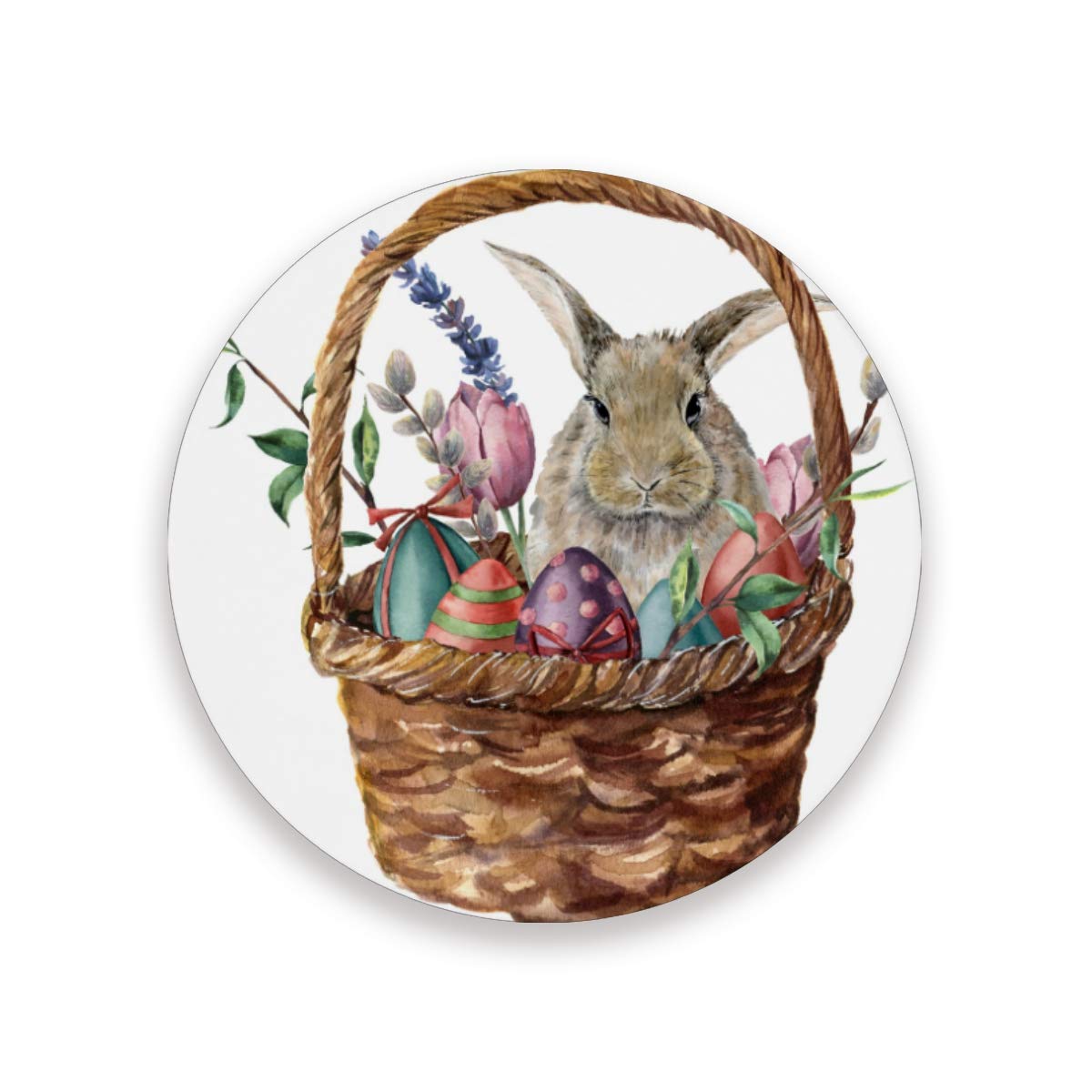 STAYTOP Easter Absorbent Drink Coasters - Funny Bunny & Colorful Eggs Design, Round Ceramic Stone Coaster with Cork Base (1 Piece) - Perfect for Easter Decor, Holiday Parties, and Table Protection