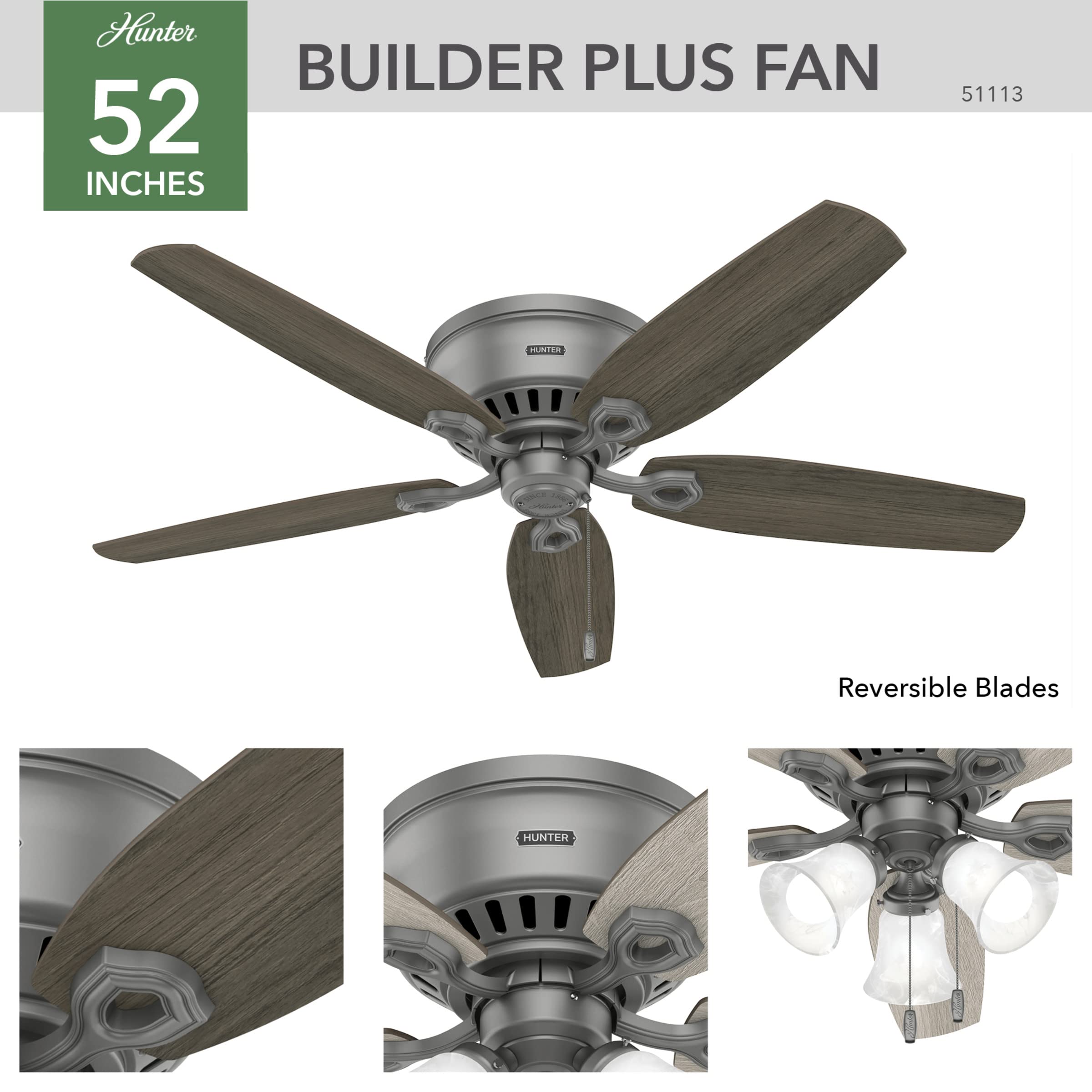 Hunter Fan Company 51113 52-Inch Low Profile Ceiling Fan with LED Light Kit - Matte Silver Finish - Pull Chain Control - Perfect for Bedrooms, Living Rooms & Home Offices