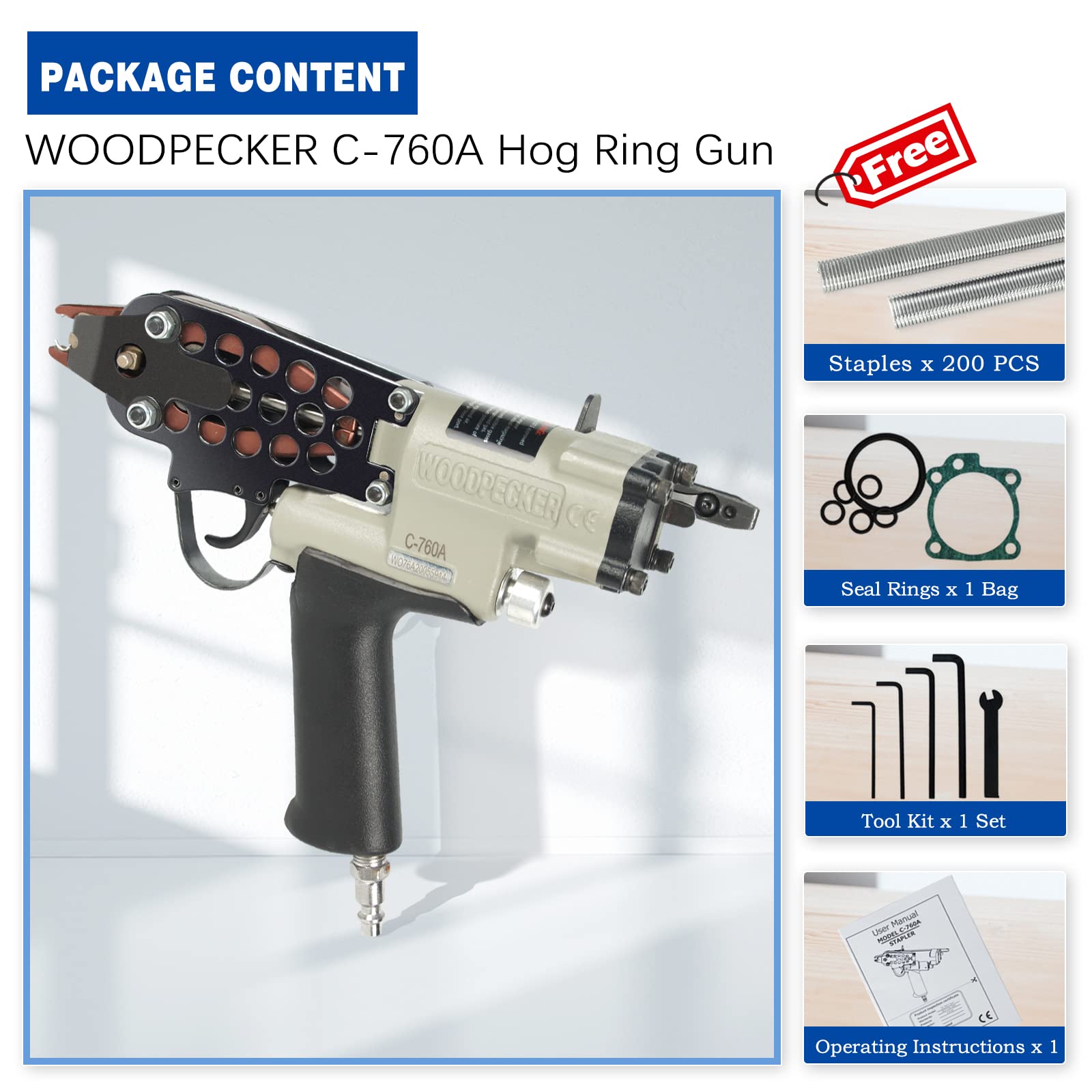 **Woodpecker C-760A 16 Gauge 1/2-Inch 3.0-4.8mm Closure Diameter Pneumatic C-Ring Pliers - Heavy Duty C-Ring Gun for Mattress, Furniture, Upholstery, and Automotive Repair**