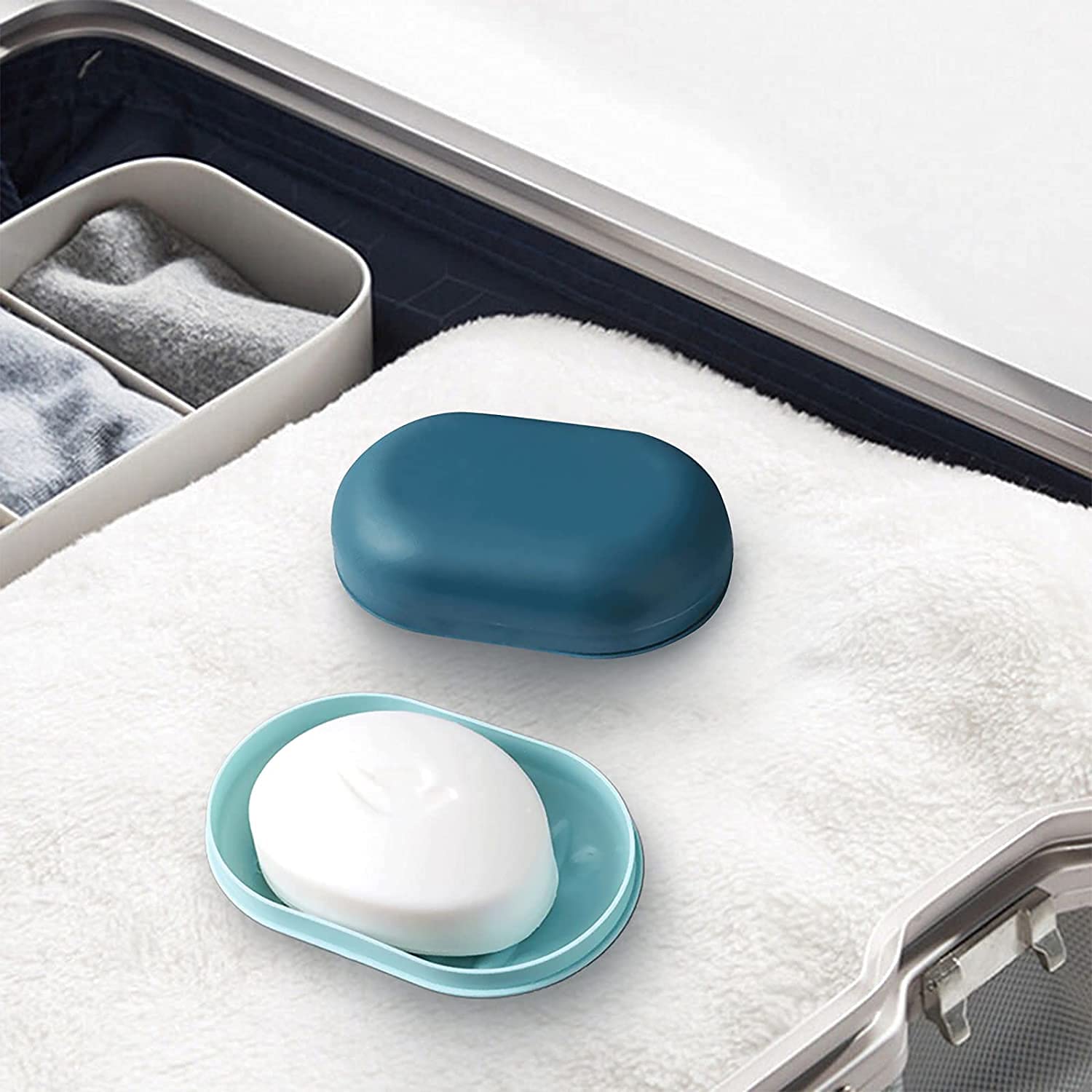 2Pcs Plastic Soap Dish Holder with Lid - Non-Slip Bathroom & Kitchen Soap Tray, Portable Travel Soap Case for Shower, Camping, Gym - Easy to Clean (Blue)