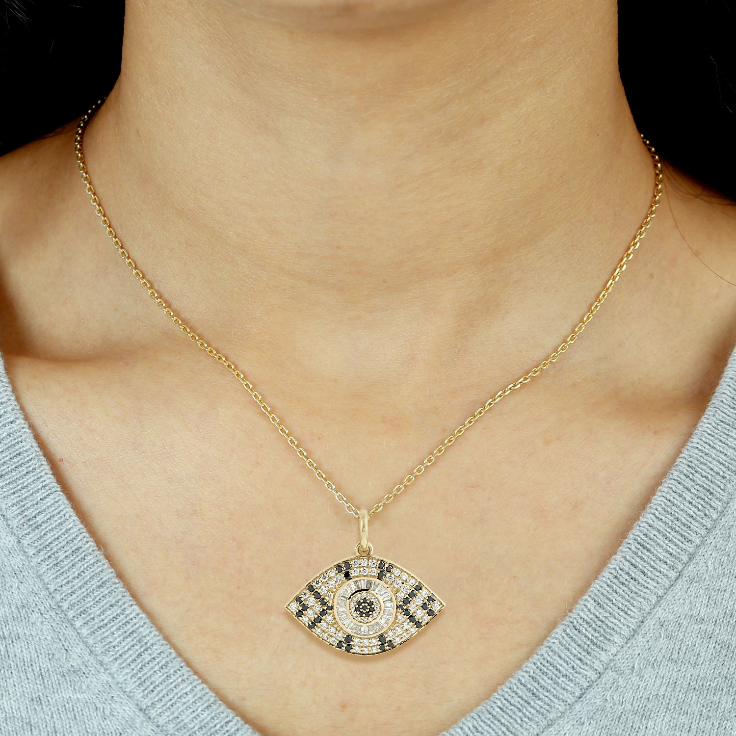 Baguette Cut Black Diamond Evil Eye Charm Pendant in 14K Yellow Gold - Protection Jewelry for Women, Gift for Her, Layering Necklace for Everyday Wear