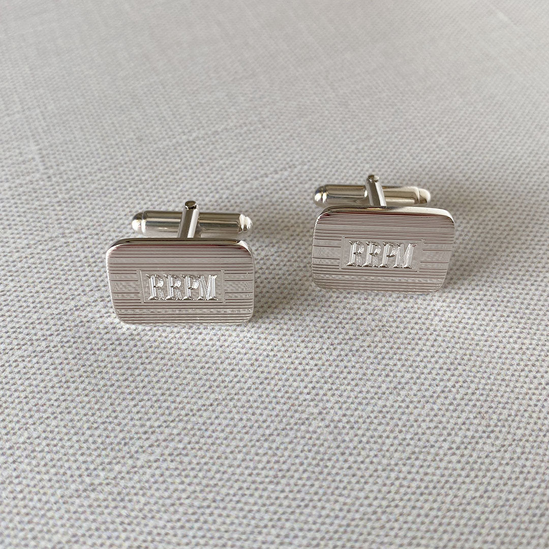 Elegant Sterling Silver Engine Turned Rectangle Cushion Cufflinks for Men - Perfect for Weddings, Formal Events & Business Attire