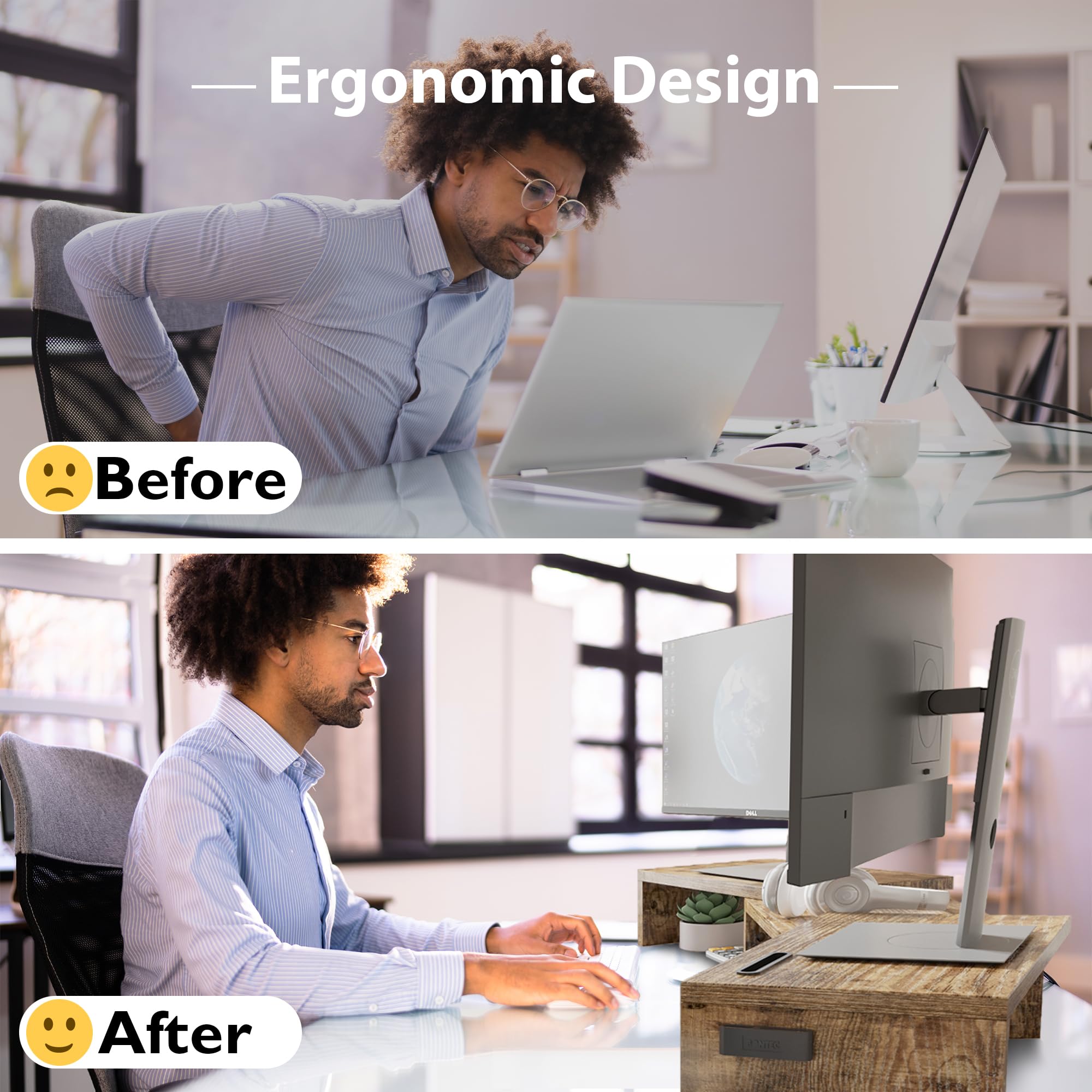 BONTEC Adjustable Dual Monitor Stand Riser with Phone Holder - Wooden Desktop Organizer for PC, Laptop & Printer - Swivel Angle & Length Adjustment - Rustic Brown Home Office Workspace Solution