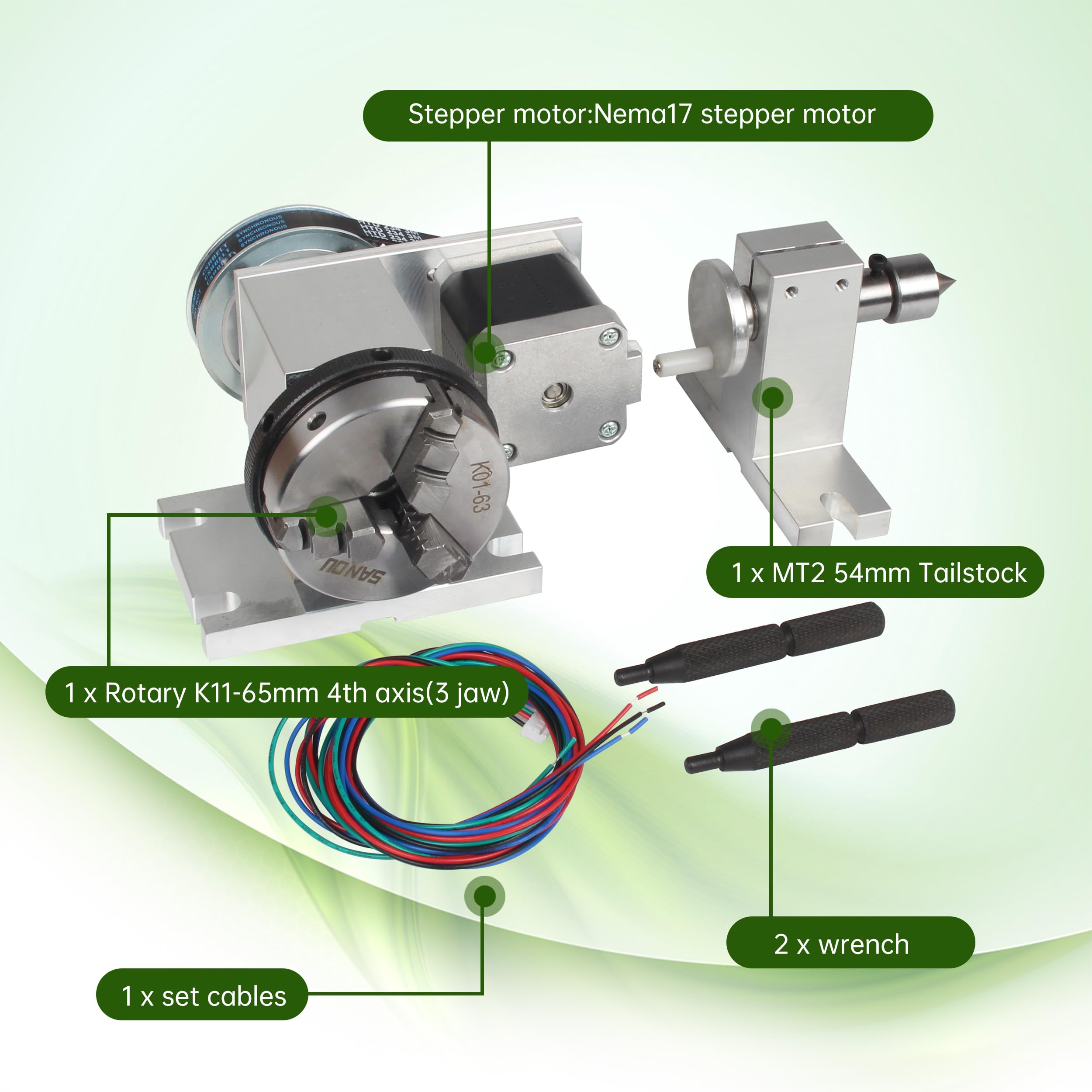 4th Axis CNC Rotary Table with 65mm 3-Jaw Chuck & Nema17 Stepper Motor - 4:1 Reducing Ratio for CNC Milling, Engraving & Woodworking - Includes 54mm Tailstock for Precision Machining (Perfect for DIY Projects, Metalworking & CNC Router Upgrades)