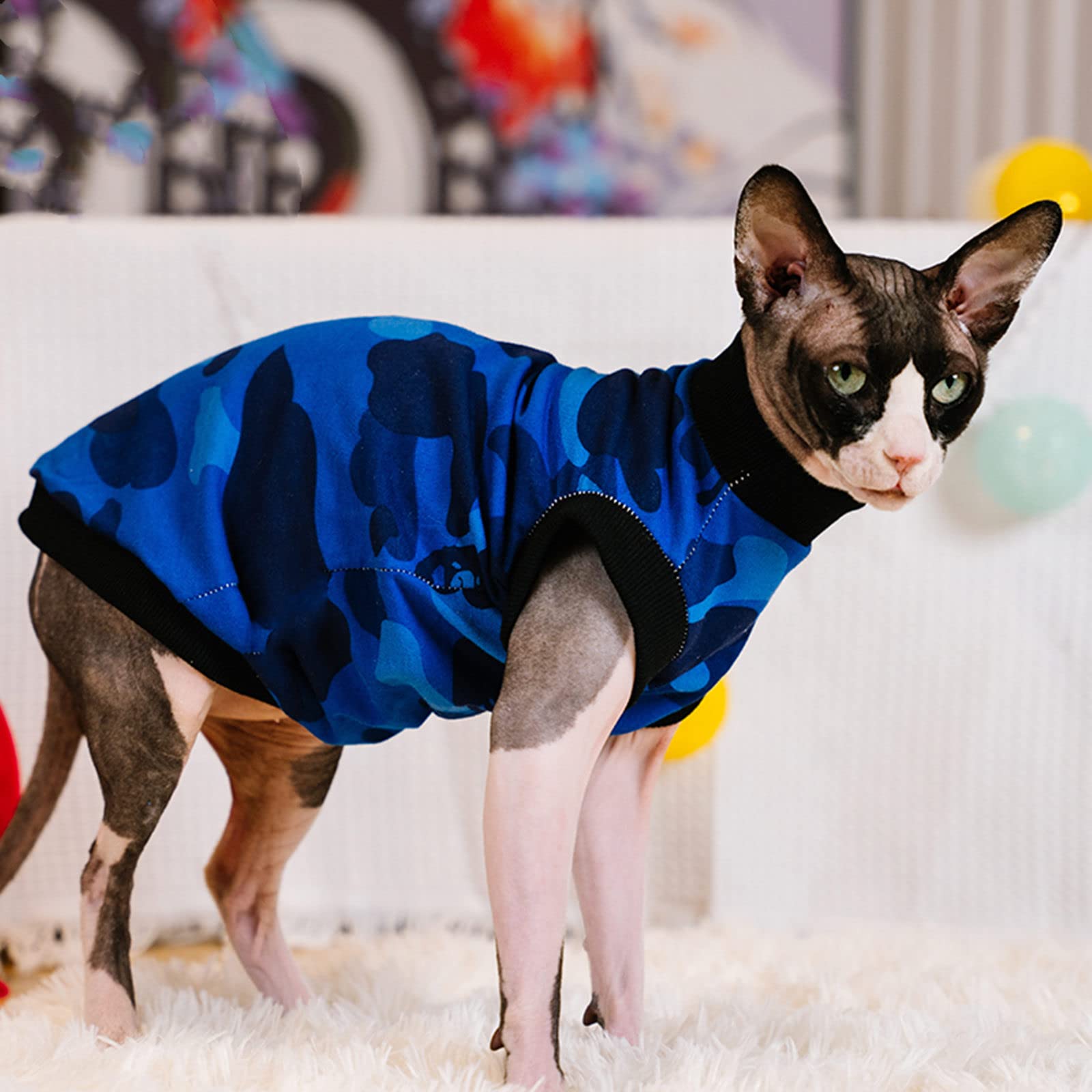 Sphynx Hairless Cat Summer Cotton T-Shirt - Breathable Pet Vest for Cats & Small Dogs | Round Neck Sleeveless Kitten Shirt | X-Large Blue Camo | Perfect for Outdoor Adventures & Photo Shoots