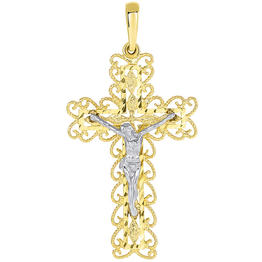 14K Two Tone Gold Religious Filigree Cross Jesus Crucifix Pendant Necklace for Women - Elegant Christian Jewelry Gift for Baptism, First Communion & Church Occasions