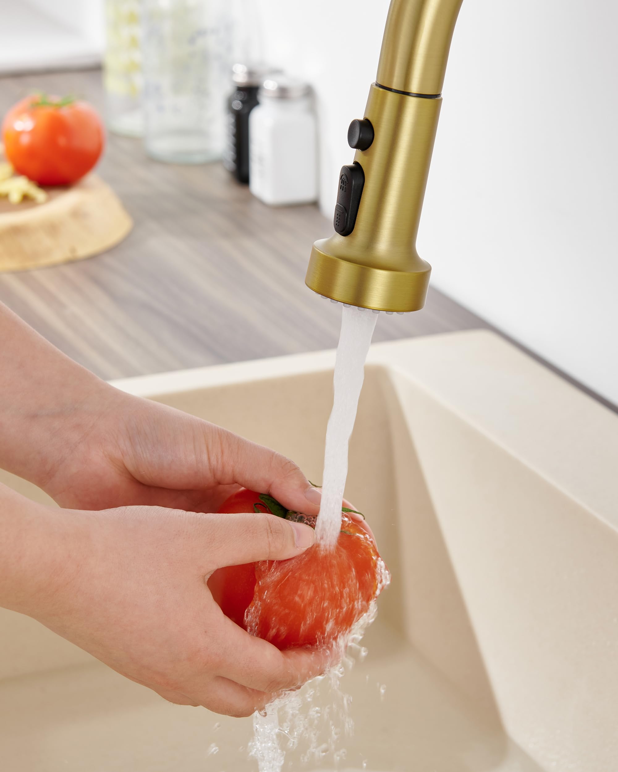 3-Function Pull Down Kitchen Faucet Sprayer Head Replacement with 15 Adapters - Brushed Gold Nozzle for Sink Sprayer, Hose & Tap Spout | Perfect for Kitchen Renovation, Dishwashing & Food Prep