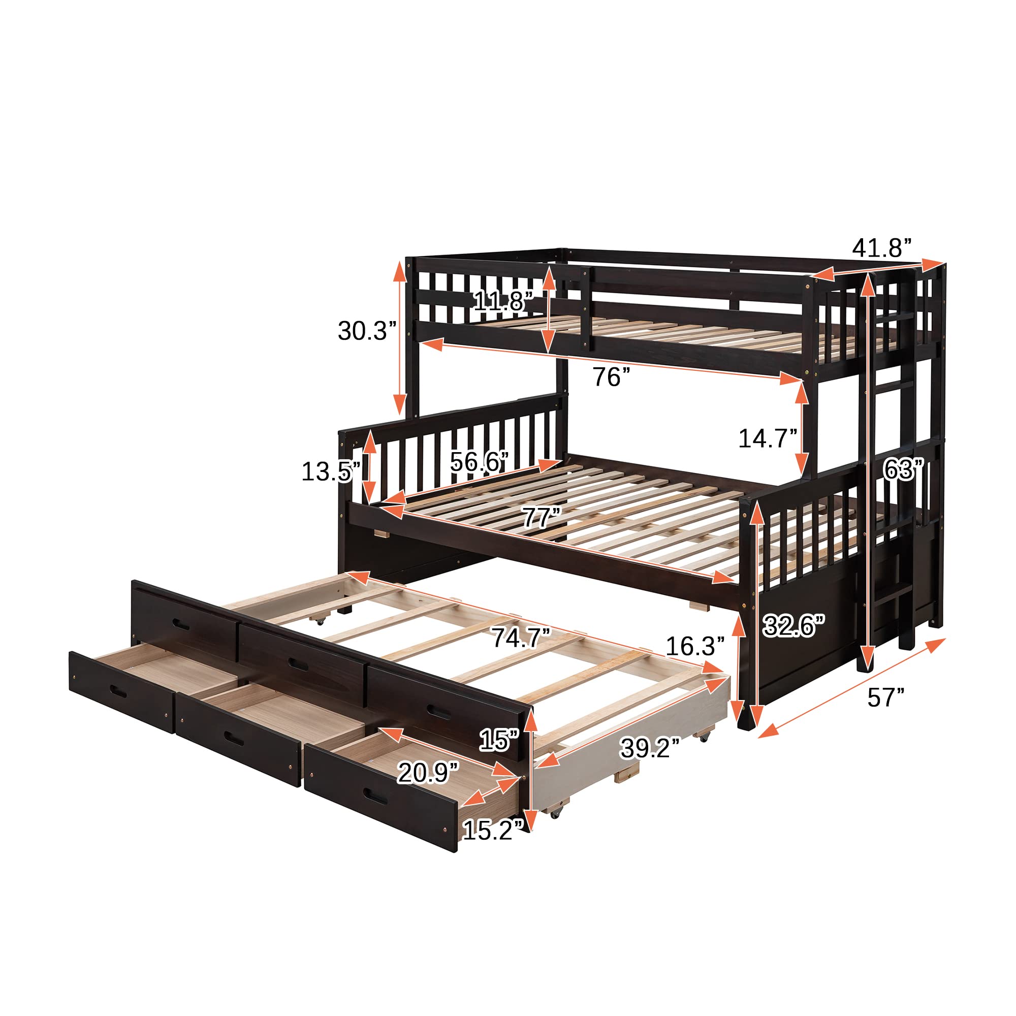 Harper & Bright Twin Over Full Bunk Bed with Trundle & Drawers - Convertible Wood Bed Frame for Kids & Teens - Space-Saving for Small Bedrooms