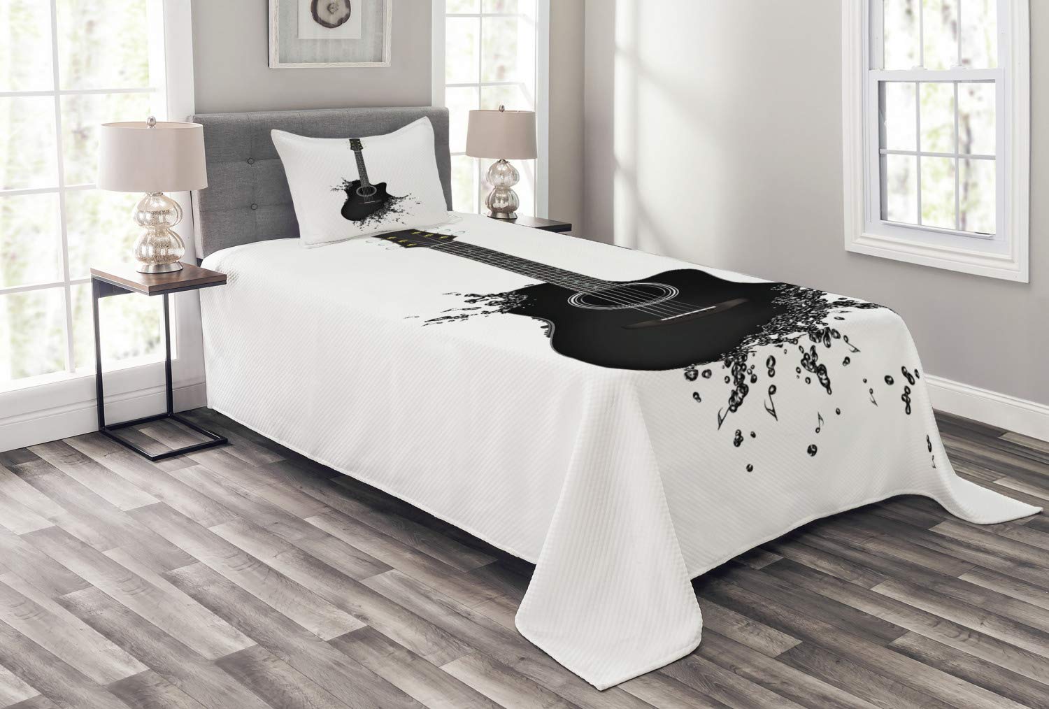 Ambesonne Guitar Bedspread Set - Monochrome Acoustic Guitar Design with Black & White Color Splash - 3-Piece Twin Size Bedding Set with Coverlet & 2 Pillow Shams - Perfect for Music Lover's Bedroom Decor & Gift Idea