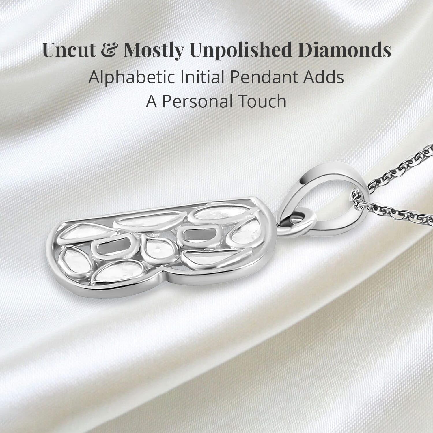 925 Sterling Silver Polki Diamond Initial Necklace for Women - Platinum Plated, 20
