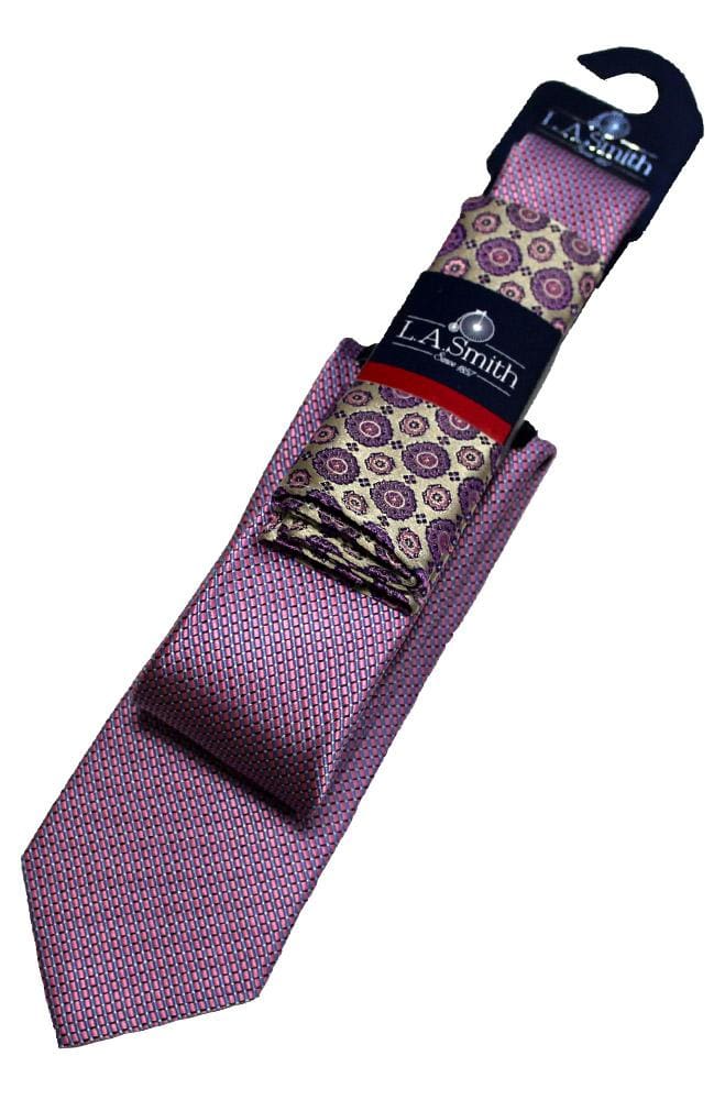 L.A. Smith Pink Medallion Silk Tie and Pocket Square Set - Elegant Formal Wear for Weddings, Business Meetings & Special Occasions