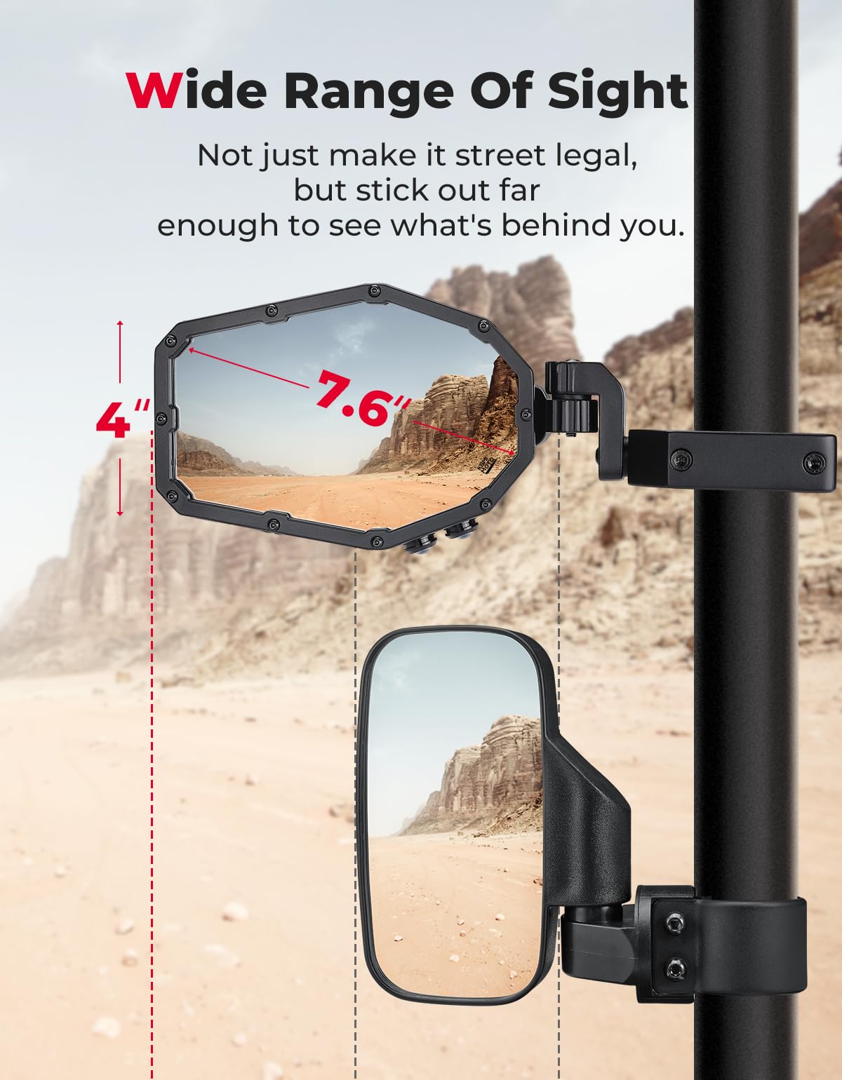 KEMIMOTO UTV LED Side Mirrors with Turn Signal, Spot & Ground Light - Heavy Duty Rally Mirrors for 1.6-2