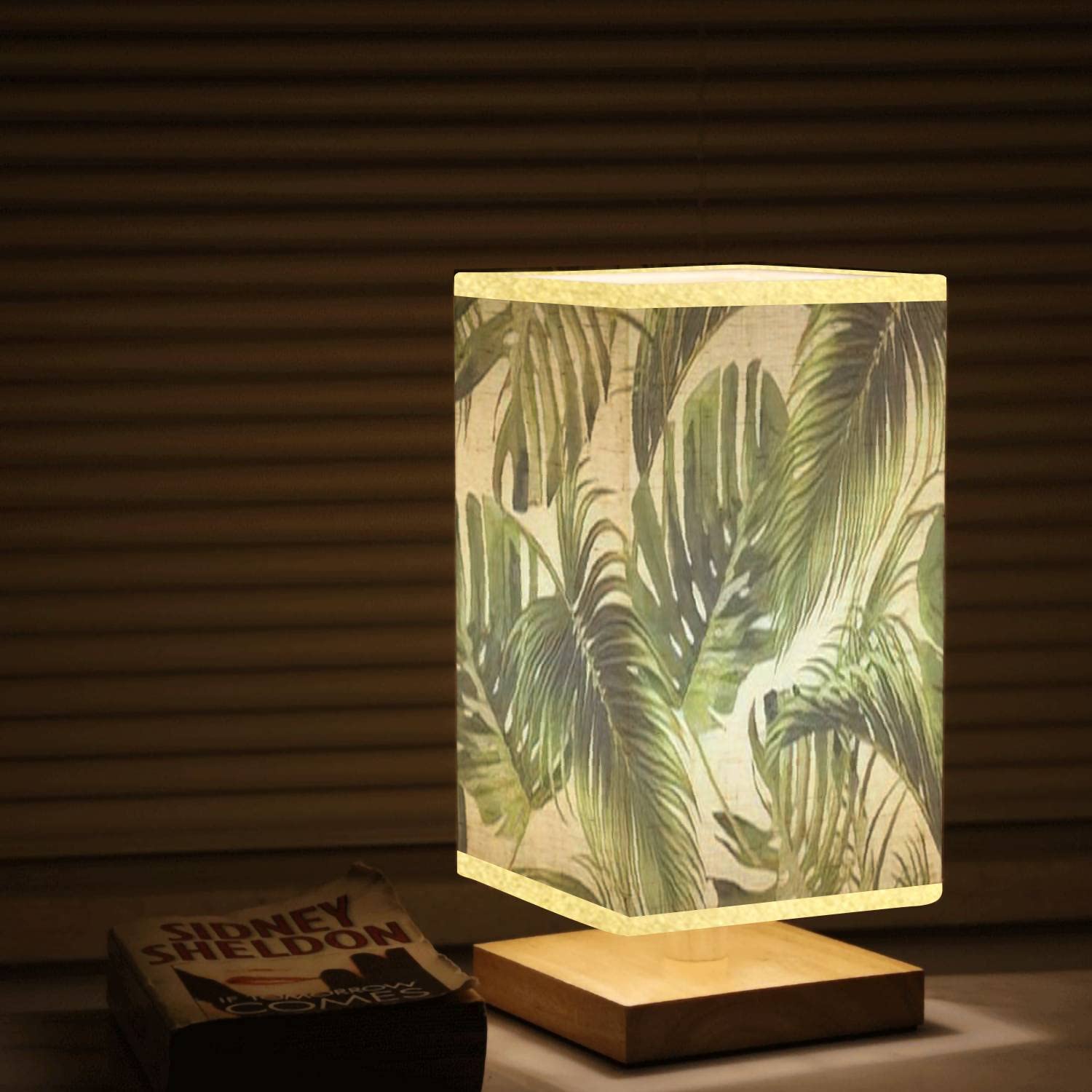 Dimmable Tropical Palm Leaf Nightstand Lamp with Wooden Base & Flaxen Fabric Shade - Bedside Table Lamp for Bedroom, Living Room | Perfect for Reading, Relaxation & Home Decor