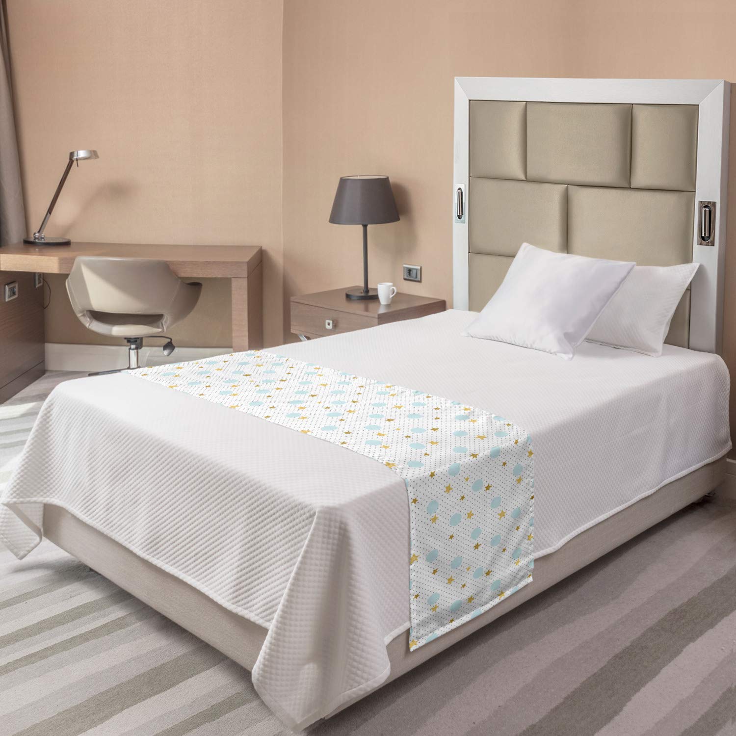 Ambesonne Stars Bed Runner - Hand Drawn Stars & Circles Doodle Design, Decorative Bed Scarf for Hotels, Homes & Guest Rooms in Earth Yellow, Blue & Grey | Perfect for Bedroom Decor, Wedding Accents & Cozy Home Styling