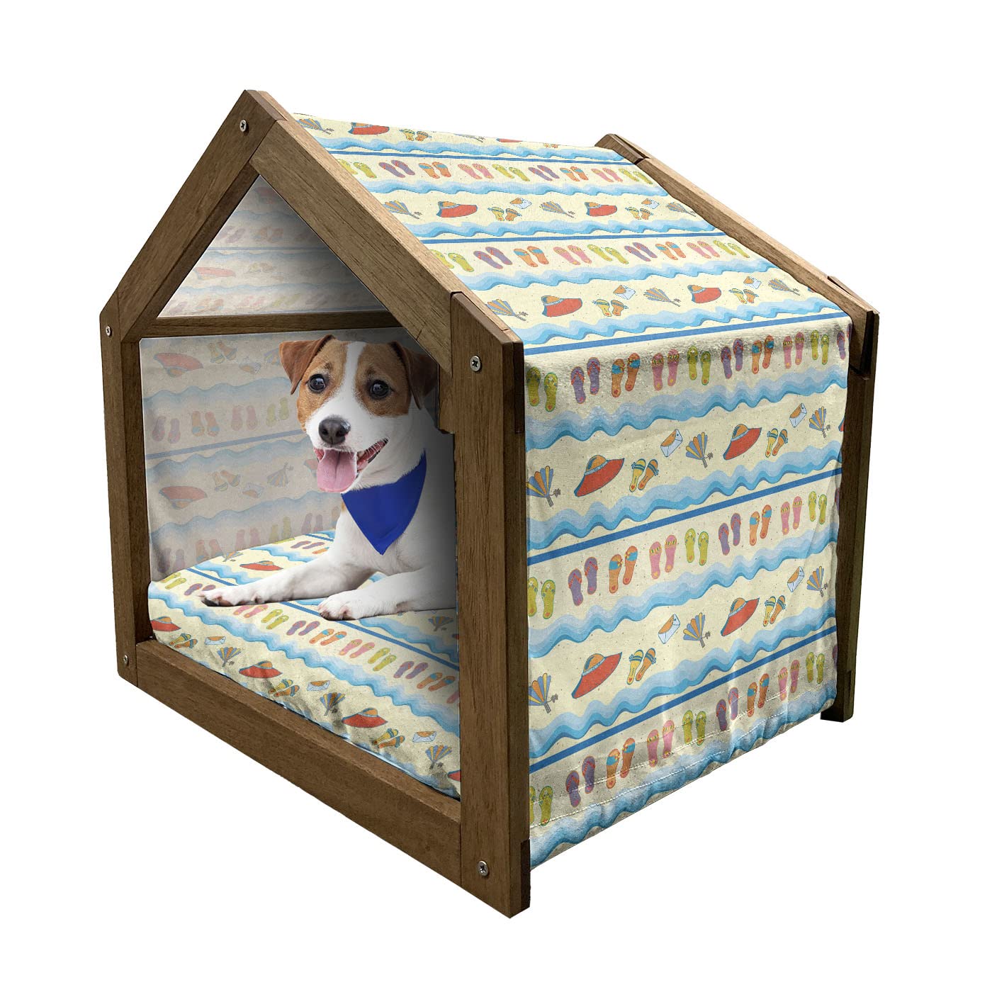Ambesonne Wooden Pet House for Dogs - Portable Indoor & Outdoor Dog Kennel with Pillow & Cover, Medium Size, Multicolor Beach Design - Perfect for Home, Backyard, Travel, and Beach Trips