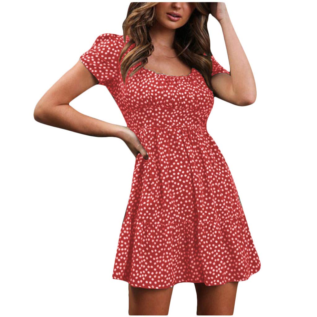 JustHIGH Women's Floral Print Sundress - Square Neck, High Waist Mini Dress with Short Sleeves | Casual Summer Dress for Beach, Vacation & Outdoor Activities