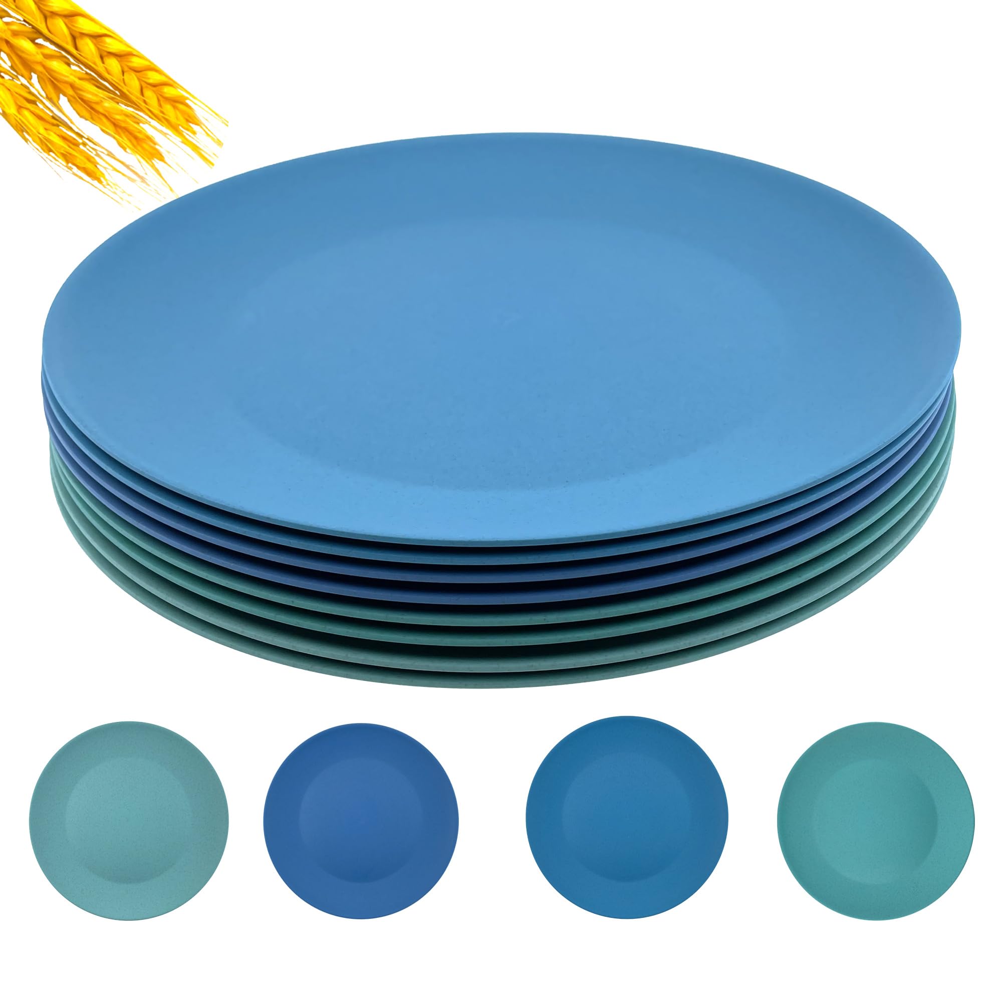 10 Inch Wheat Straw Plates - Unbreakable BPA-Free Dinnerware Set of 8, Dishwasher & Microwave Safe Reusable Plates for Camping, Picnics, Kids Meals & Everyday Use (4 Colors)