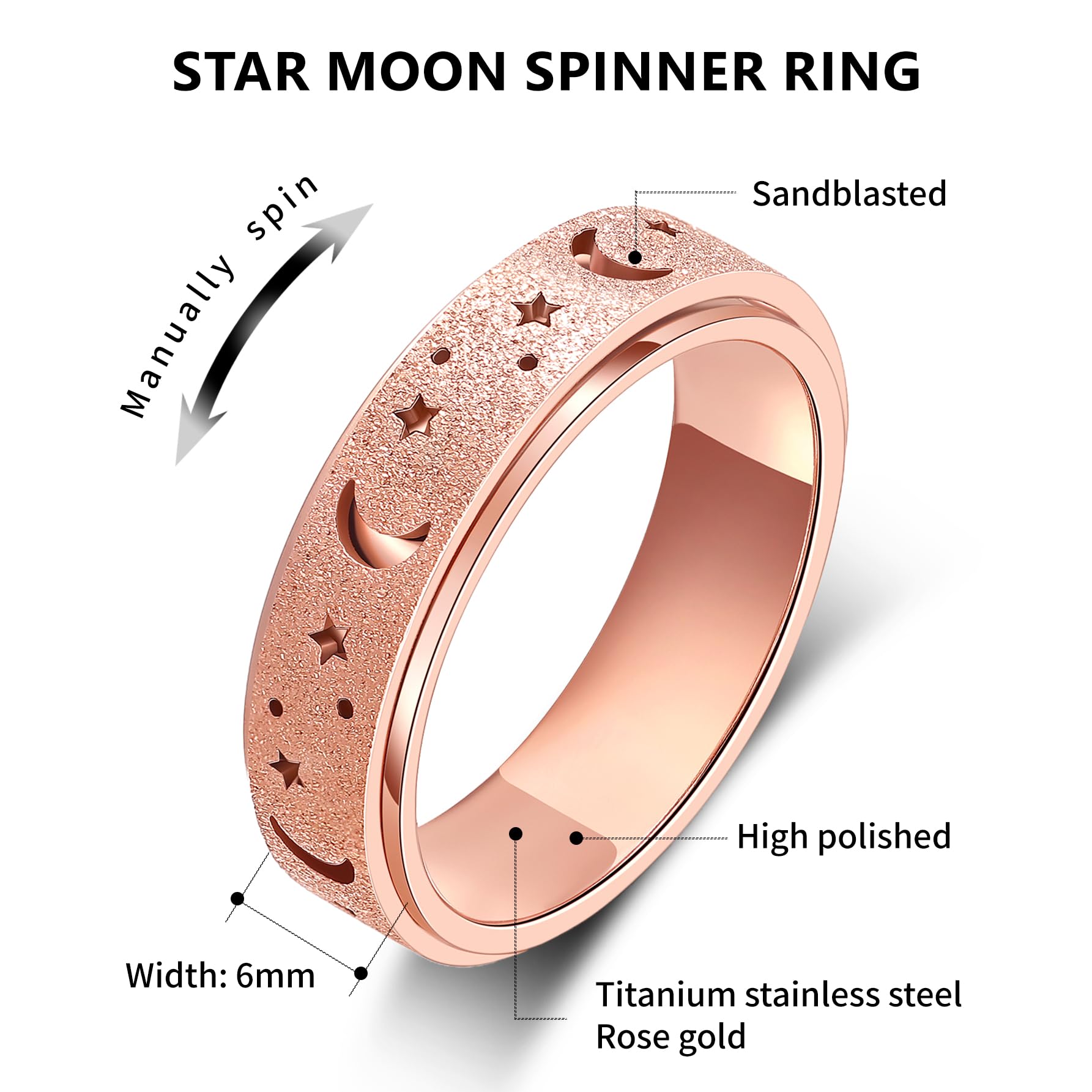 Anxiety Spinner Ring for Women & Men - Stainless Steel Moon Star Design for Stress Relief - Size 6-10