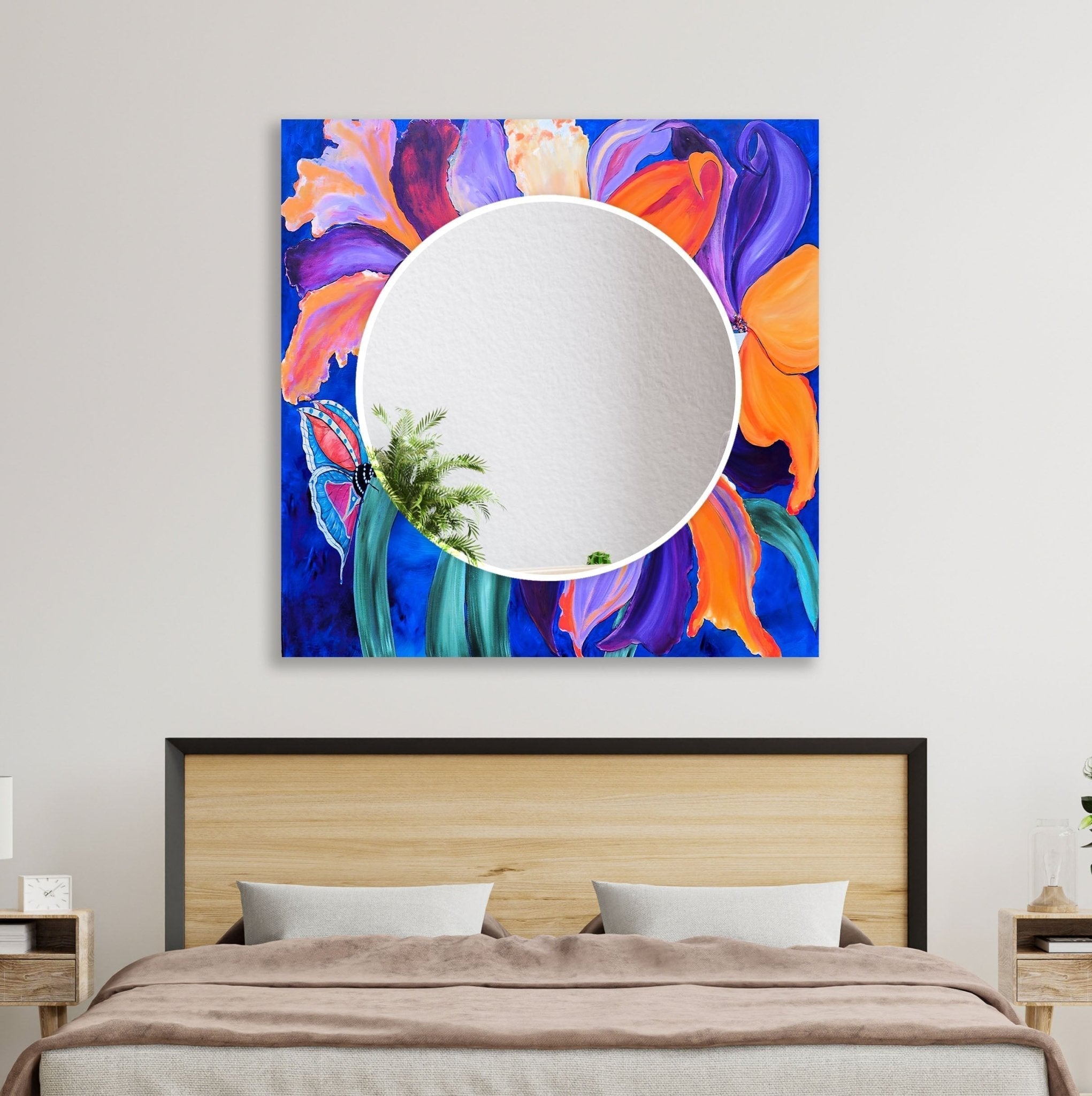 Abstract Purple Flower Painting Wall Mirror - Elegant Home Decor for Living Room, Bedroom & Bathroom | Perfect for Modern & Bohemian Interior Design