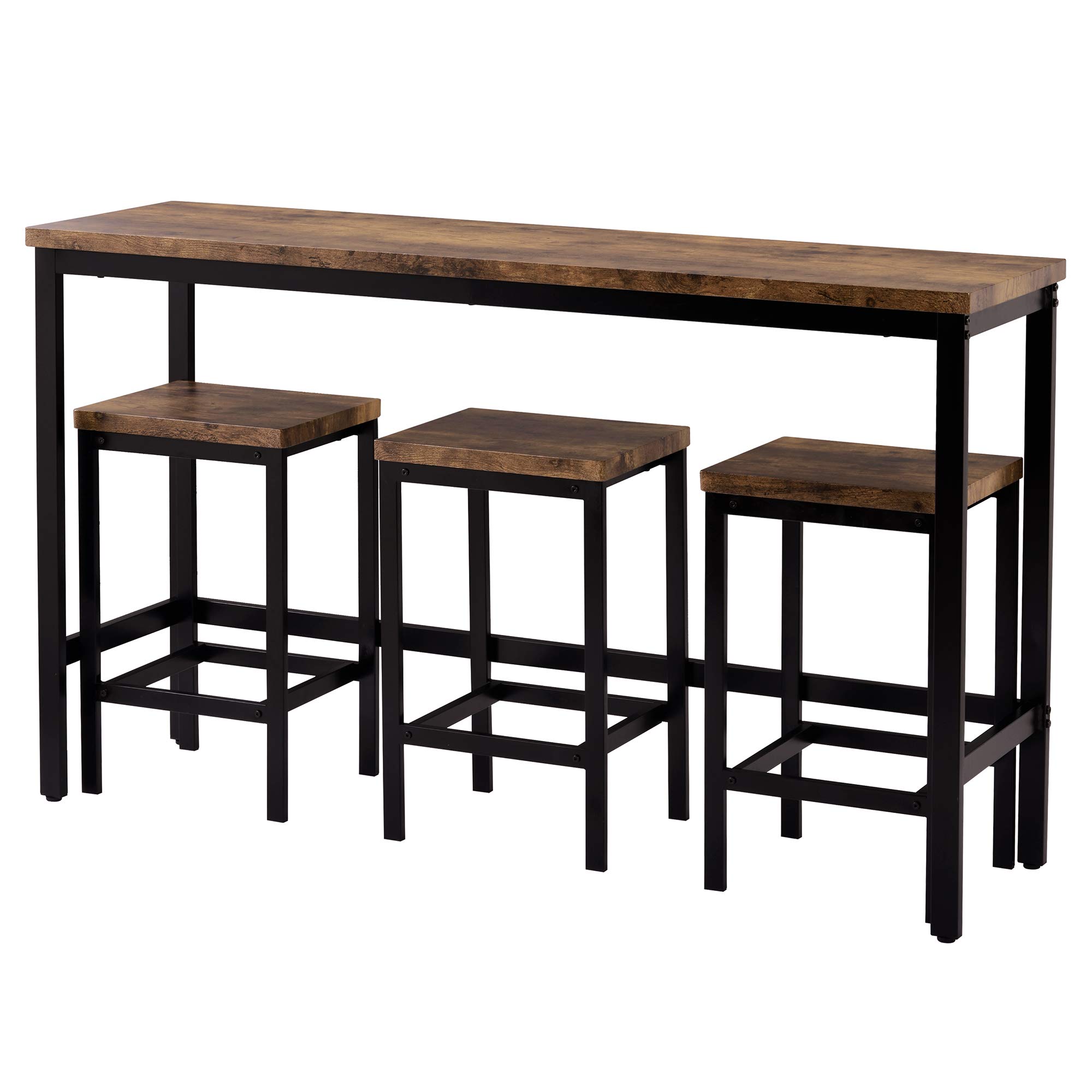 4-Piece Counter Height Extra Long Dining Table Set with 3 Stools - Brown Bar Table Set with Footrest for Kitchen, Pub & Small Space Dining - Perfect for Breakfast Nook, Apartment & Entertaining Guests