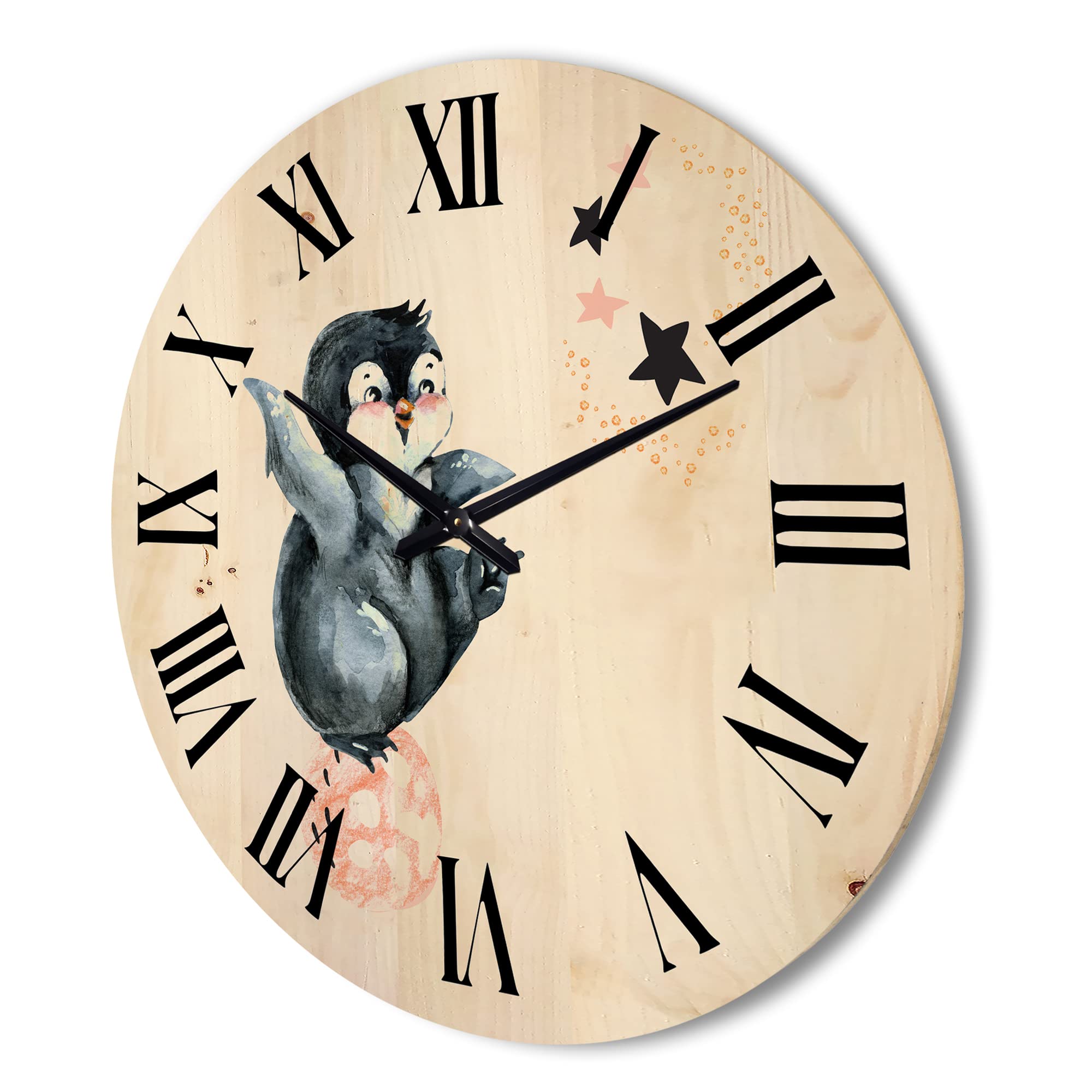 Farmhouse Wood Wall Clock - Large Decorative 'Little Penguin with Planets and Stars II' Oversized Wooden Clock for Living Room, Kitchen, Bedroom Décor | Unique Animal-Themed Wall Art for Home & Office