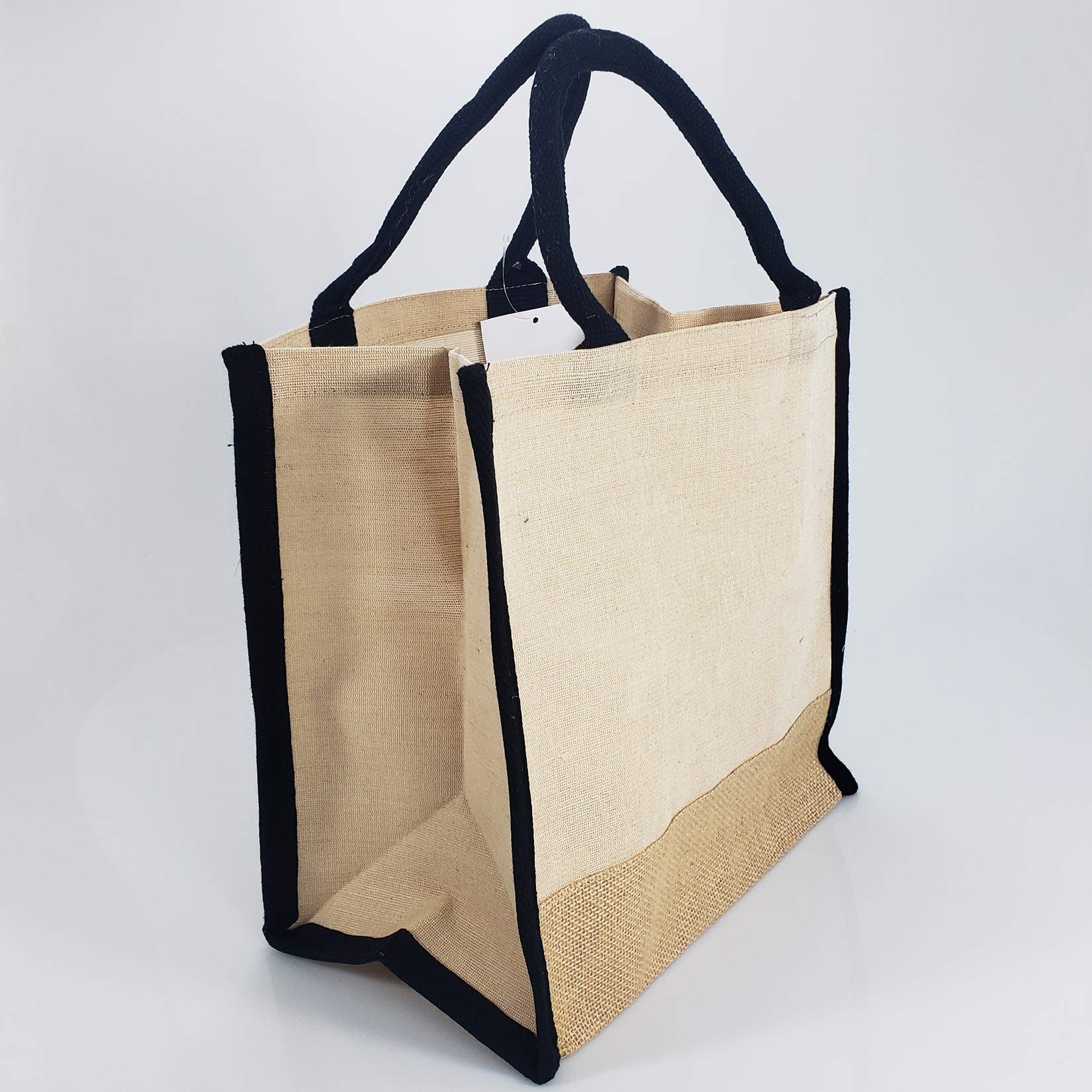 Eco-Friendly Reusable Jute Tote Bags with Laminated Interior - 12 Pack Black Canvas Burlap Shopping Bags for Work, School & Groceries (12