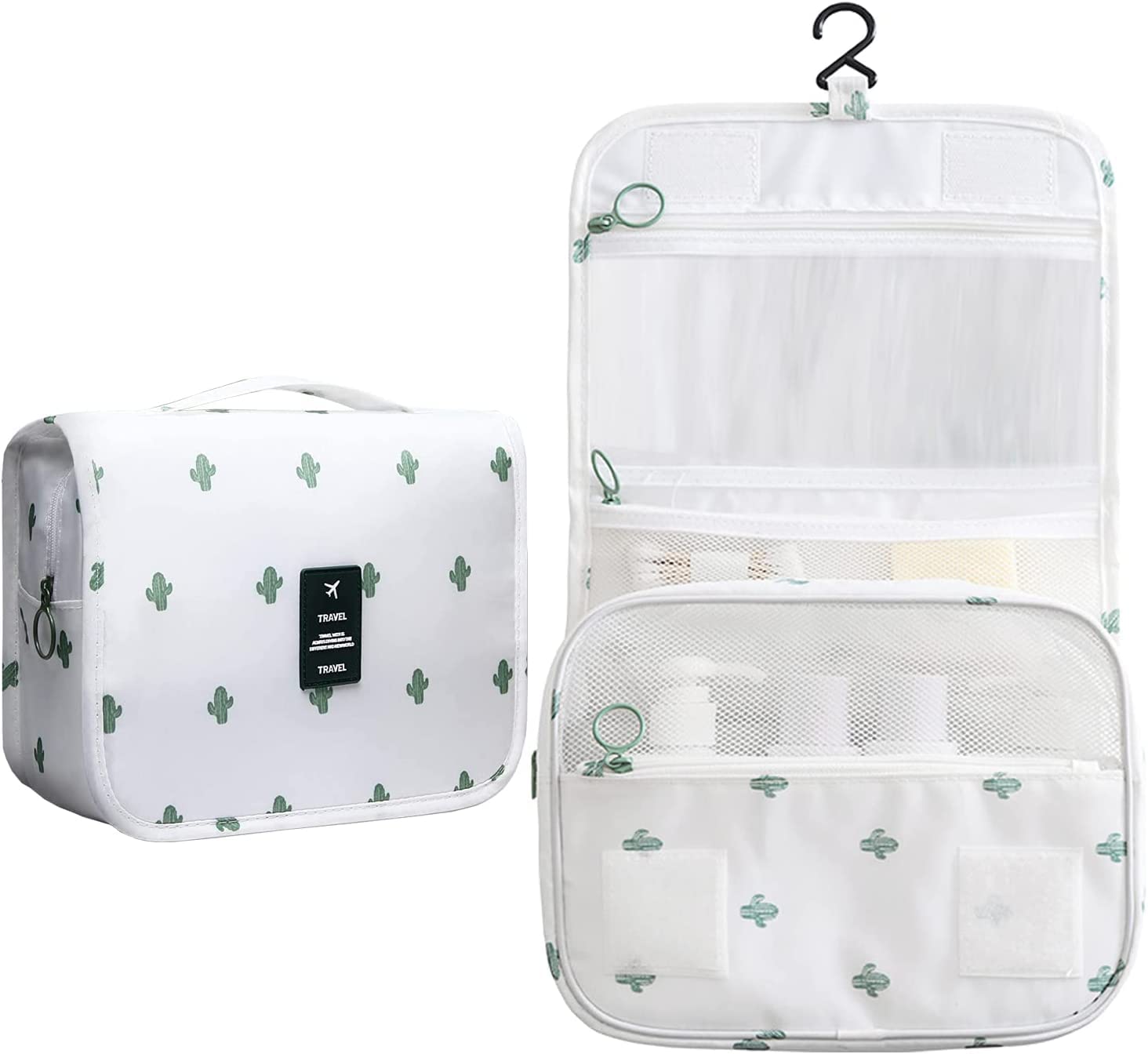 Waterproof Hanging Travel Toiletry Bag for Women - Portable Cosmetic & Makeup Organizer with Drawstring Pouch - Perfect for Business Trips, Gym, Vacation & Home Use (Cactus Design)