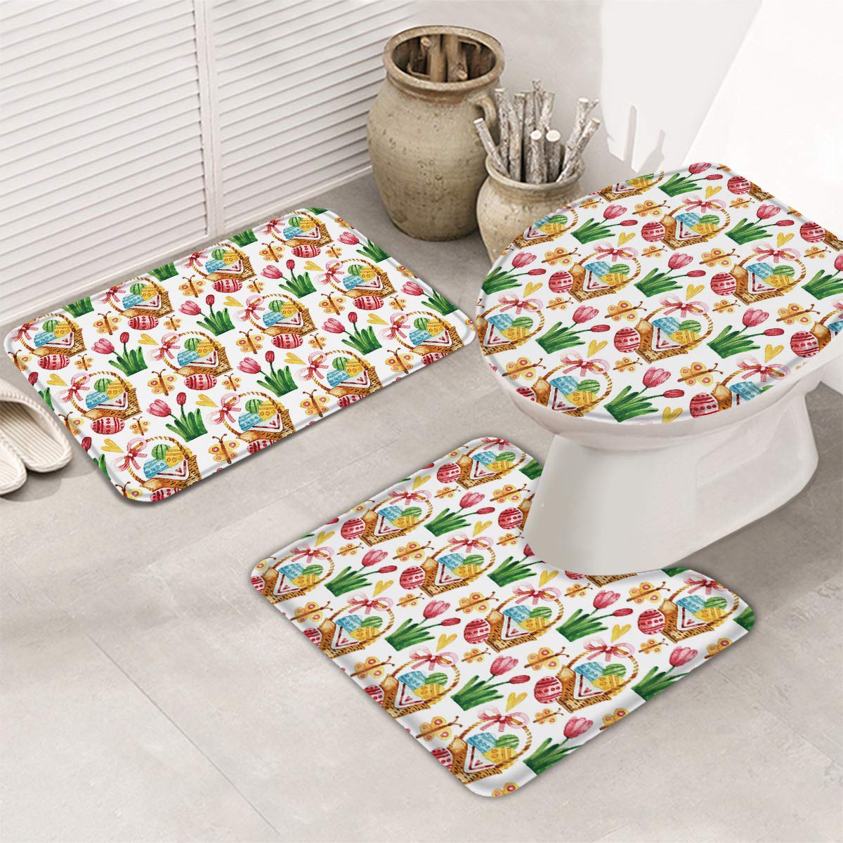 Non-Slip Bathroom Rug Set of 3 - Easter Egg Design with U-Shaped Toilet Mat & Lid Cover, Absorbent Washable Tulip Floral Bath Mats for Bathroom Decor, Home Comfort (Perfect for Easter Gifts & Bathroom Makeovers)