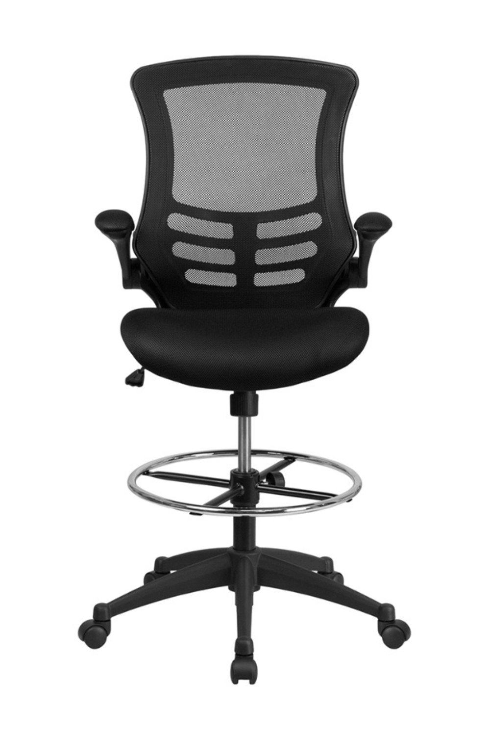 FLASH Kelista Mid Back Black Mesh Ergonomic Drafting Chair with Adjustable Foot Ring & Flip-Up Arms - Perfect for Architects, Artists & Office Workstations