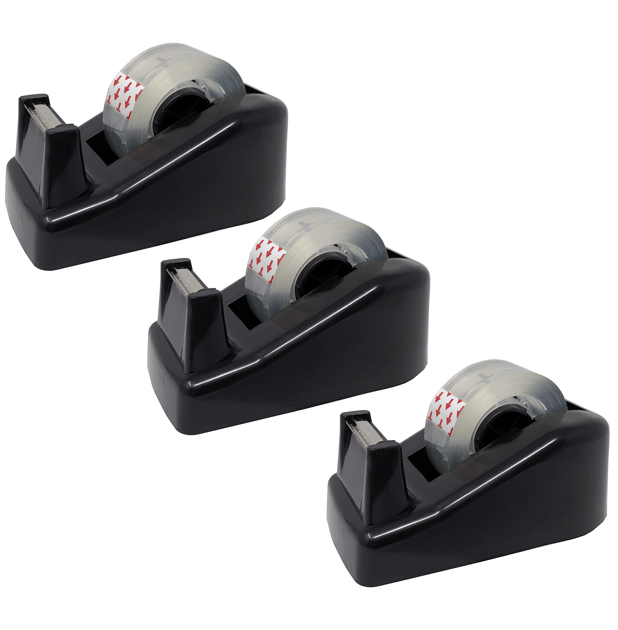 Premium Small Tape Dispenser with Tape Included - Pack of 3 | Compact Desktop Tape Holder for Office, School & Crafting | Durable Adhesive Dispenser for Wrapping, Packing & DIY Projects