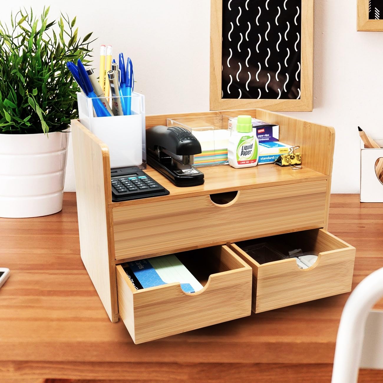 Sorbus 3-Tier Bamboo Desk Organizer with Drawers & Shelf - 100% Natural Bamboo Desktop Storage Box for Office, Makeup Vanity & Countertop Organization - Perfect for Pens, Cosmetics & Small Accessories - Fully Assembled