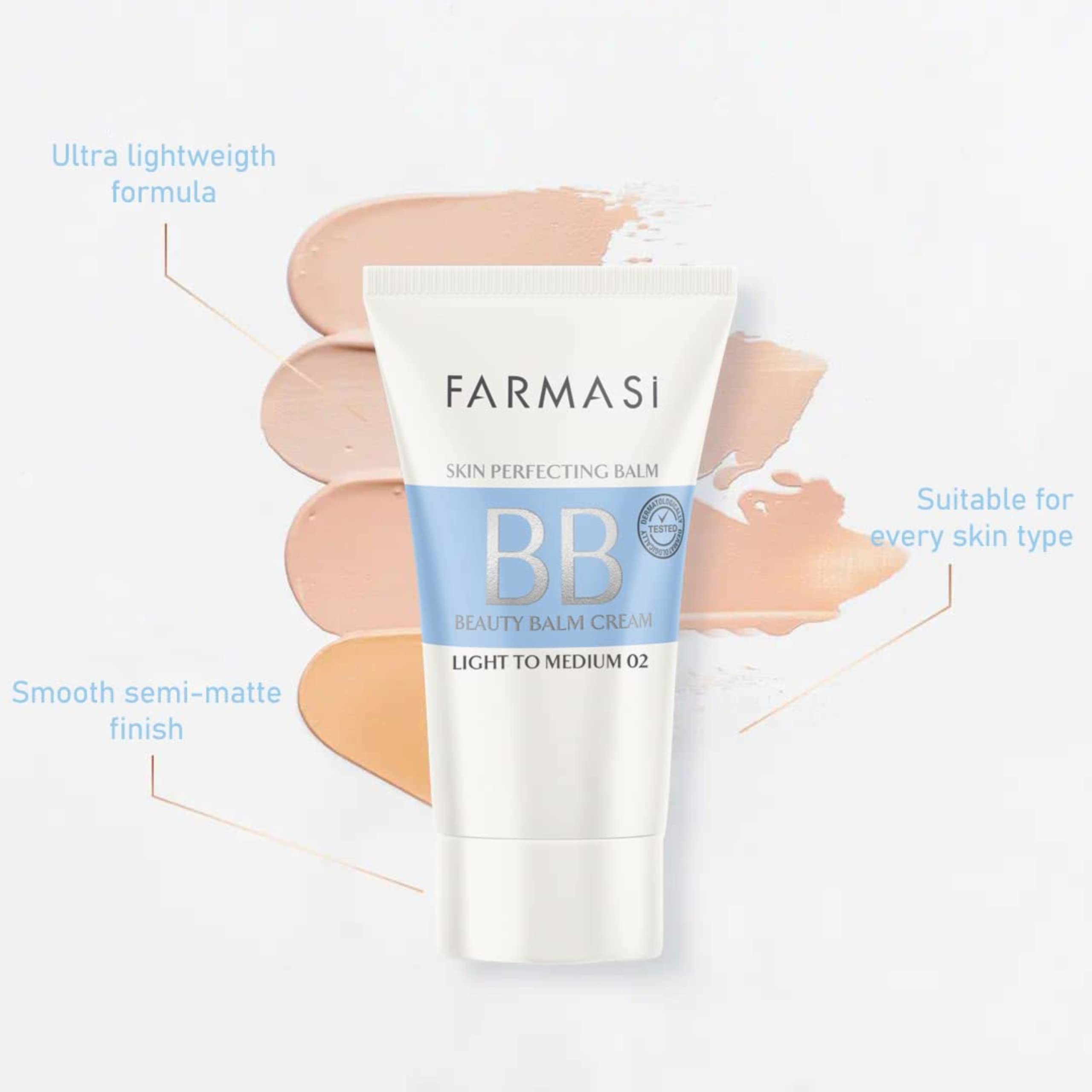 FARMASi BB Cream Makeup - Full Coverage Foundation & Concealer with Moisturizing Benefits for All Skin Types, 1.7 fl oz (50ml) Light to Medium - Perfect for Daily Wear, Natural Look & Flawless Coverage