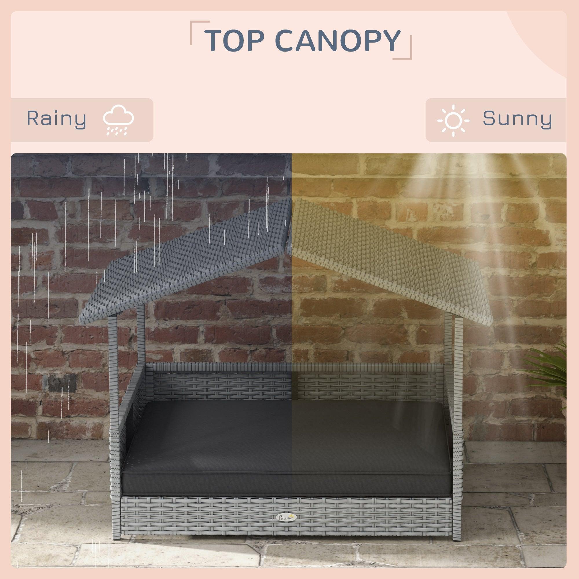 Waterproof Rattan Dog House with Canopy - Outdoor Pet Bed with Removable Cushion for Small & Medium Dogs - Gray - Perfect for Backyard, Patio & Garden Use
