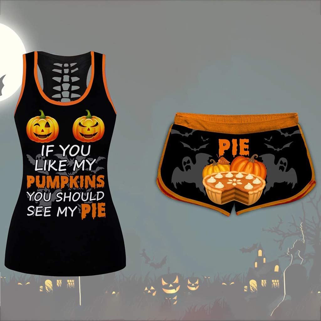 Funny Halloween Women's 2PC Outfit Set - Pumpkin Print Sleeveless T-Shirt & Shorts Vest Tank Top Suit for Costume Parties & Trick or Treating