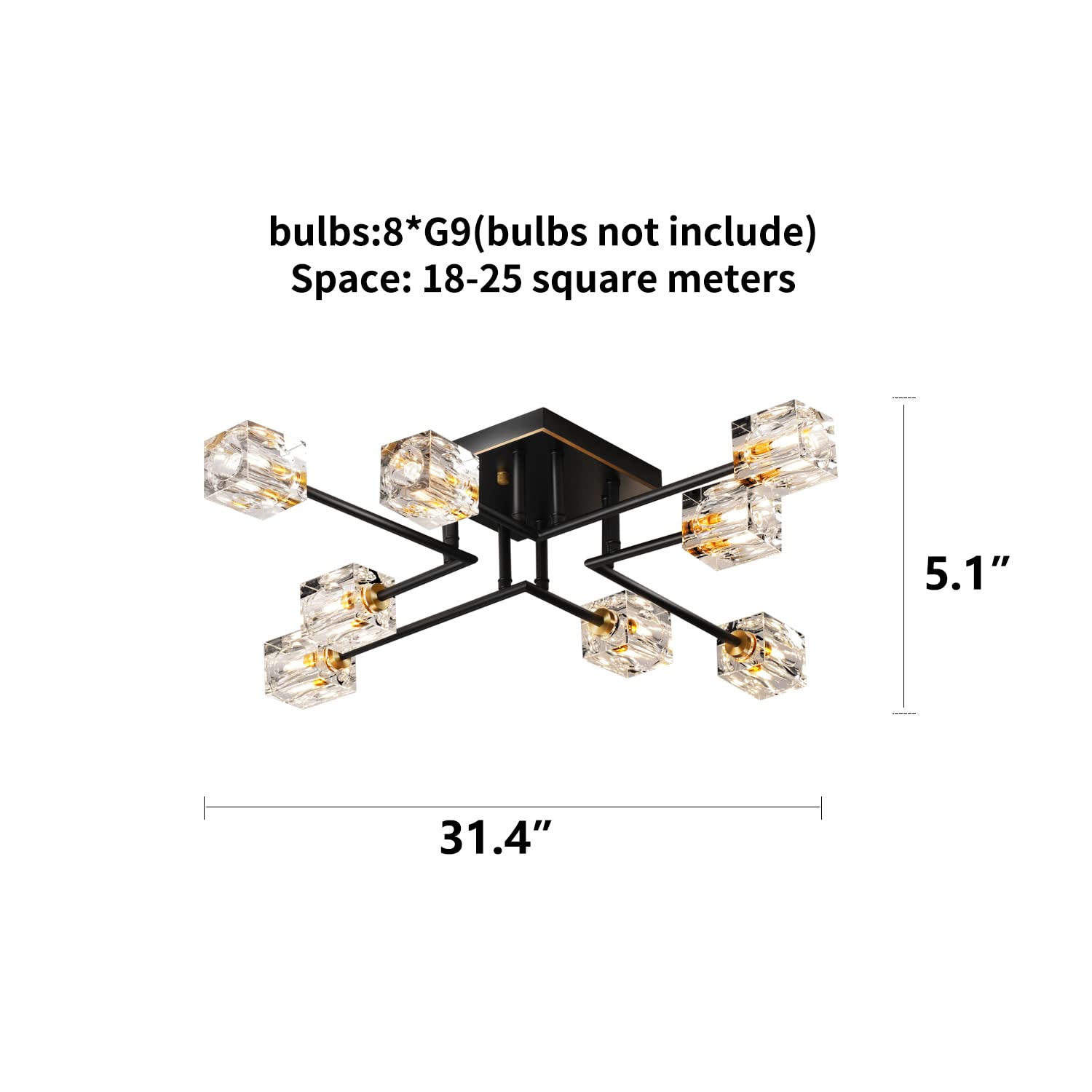 8-Lights Semi Flush Mount Ceiling Light Fixture - Black and Gold Modern Crystal Chandelier - Farmhouse Lighting for Dining Room, Living Room, Kitchen, Bedroom, Entryway - Perfect for Home Decor, Wedding Venues & Restaurants