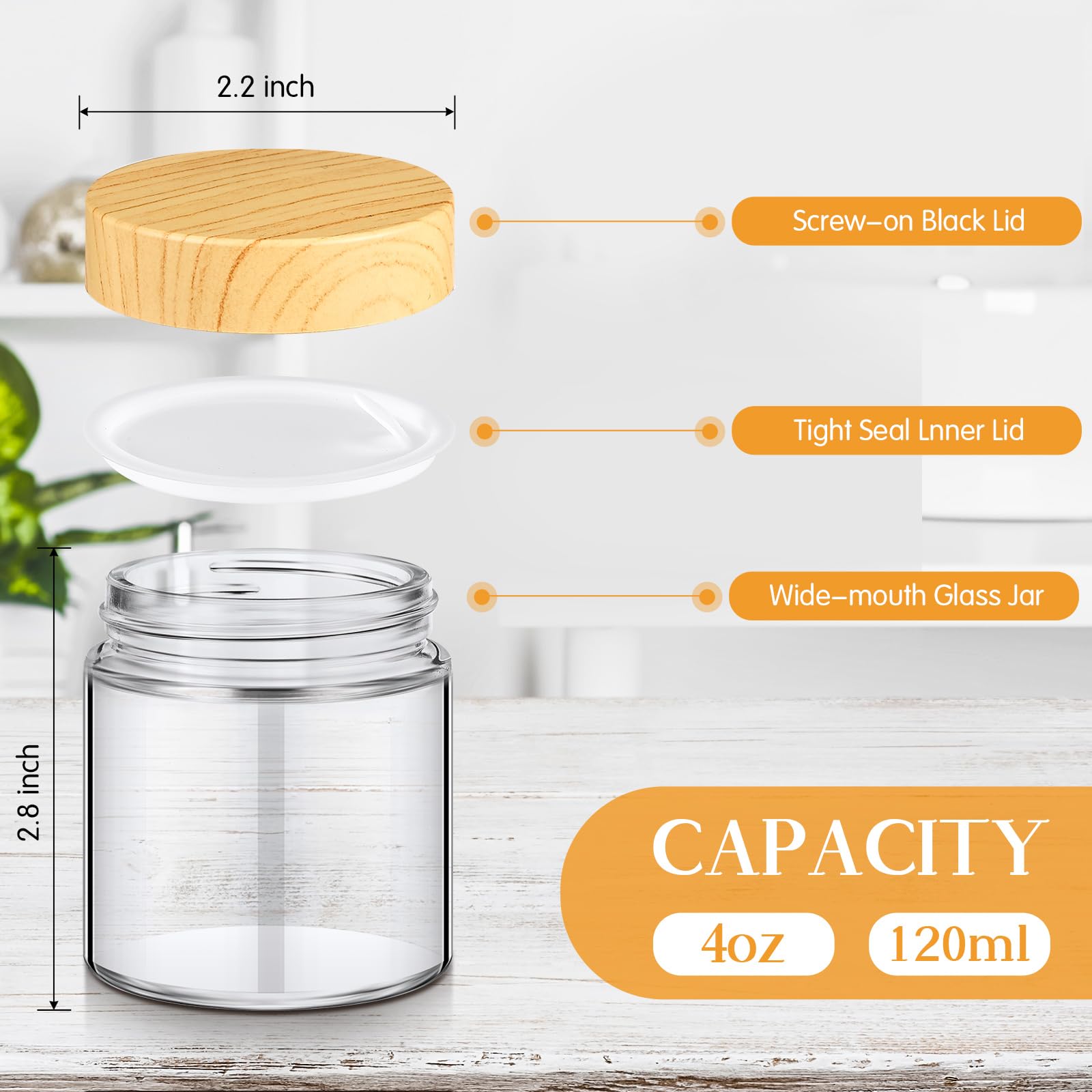 64 Pcs Small Glass Jars with Woodgrain Lids - 4 oz Airtight Cosmetic Containers with Inner Liners | Reusable Empty Jars for DIY Beauty, Travel & Home Storage | Perfect for Creams, Salves, Spices & Crafts