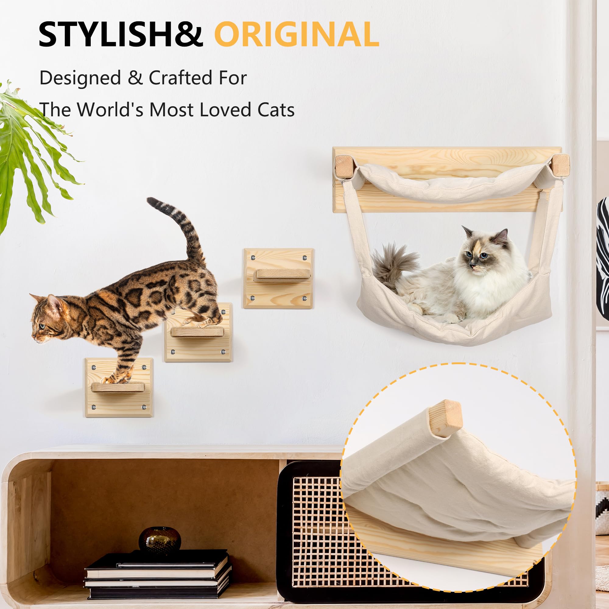 Premium Multi-Level Wall Mounted Cat Furniture with Double Hammock, Steps & Sisal - Modern Cat Shelves, Stylish Cat Bed for Indoor Play & Climbing - Perfect for Small Spaces & Cat Enrichment