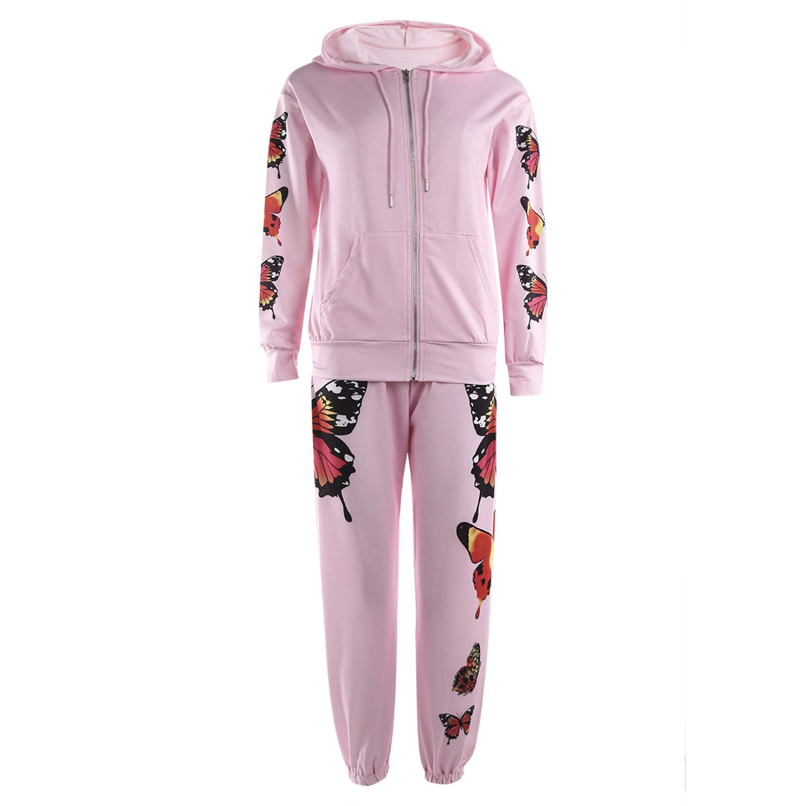 Women's 2-Piece Butterfly Print Streetwear Sweatsuit Set - Zipper Hoodie & Jogger Pants in White/Black | Casual Outfit for Gym, Running & Everyday Wear