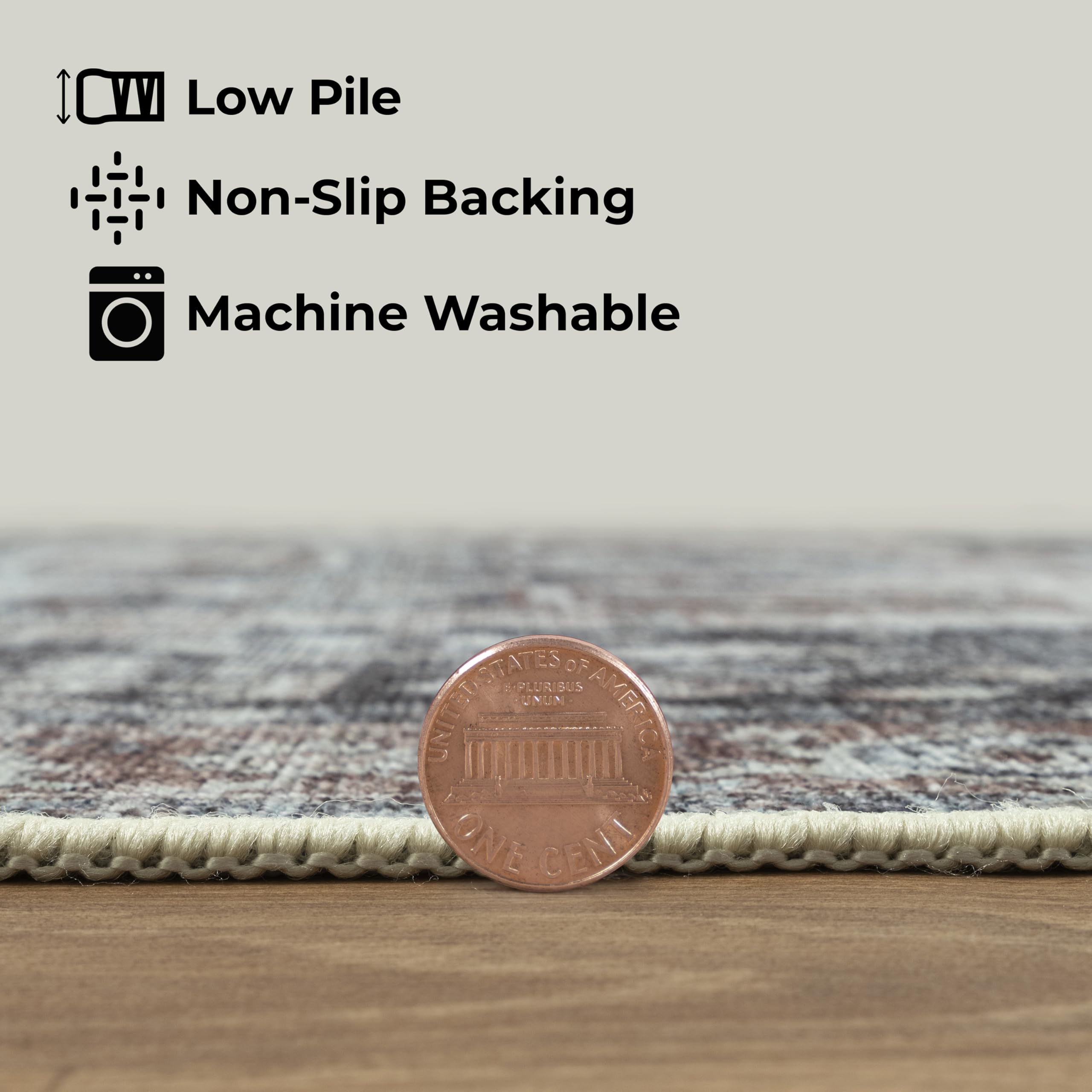 GLN Rugs Vintage Collection - Machine Washable Non-Slip Low Pile Area Rug 2'6