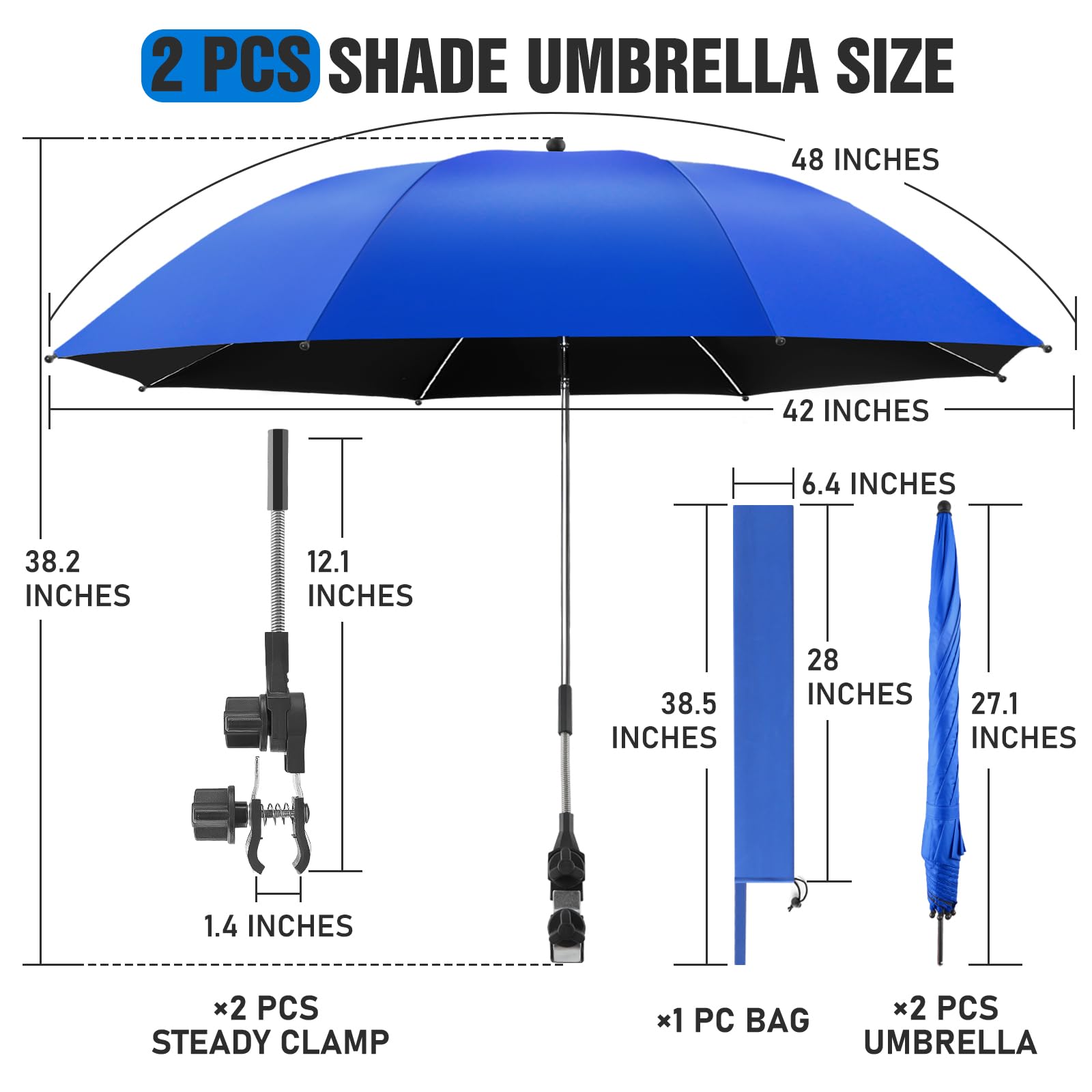 2 Pack Adjustable 360° Clamp-On Chair Umbrella with UPF50+ Sun Protection - Perfect for Beach, Patio, Wheelchair, Camping & Golf Cart Use (Chairs Not Included)