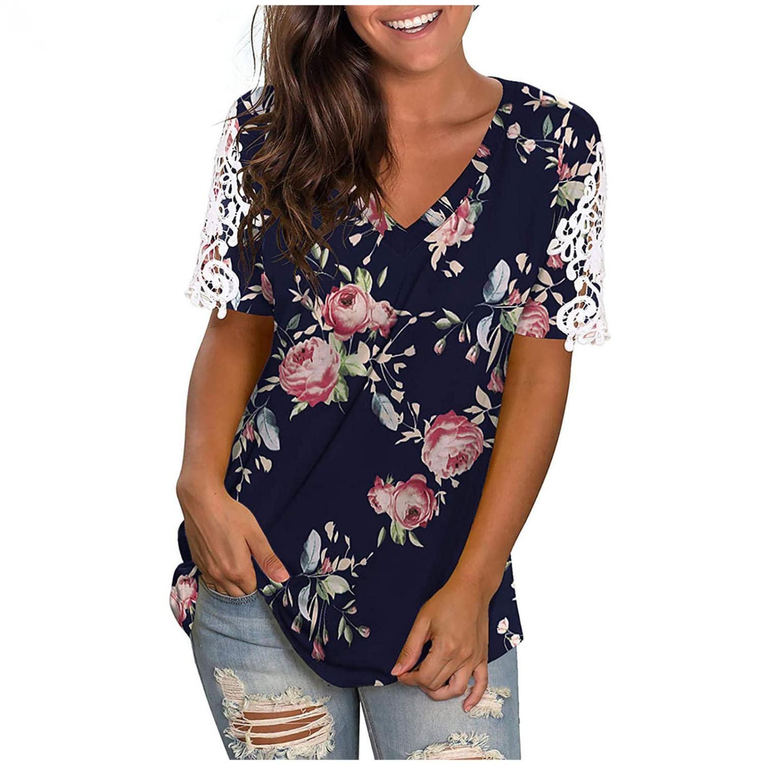 Women's Summer Graphic V-Neck Short Sleeve T-Shirt - Loose Fit Side Split Casual Top for Beach, Travel & Everyday Wear