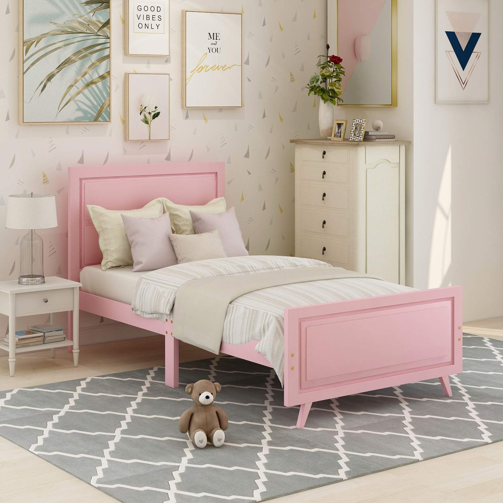 PovKeever Twin Size Wooden Platform Bed Frame with Headboard & Wood Slat Support - Pink | Sturdy Mattress Foundation for Kids & Teens Bedroom | Space-Saving Modern Design for Small Rooms & Apartments