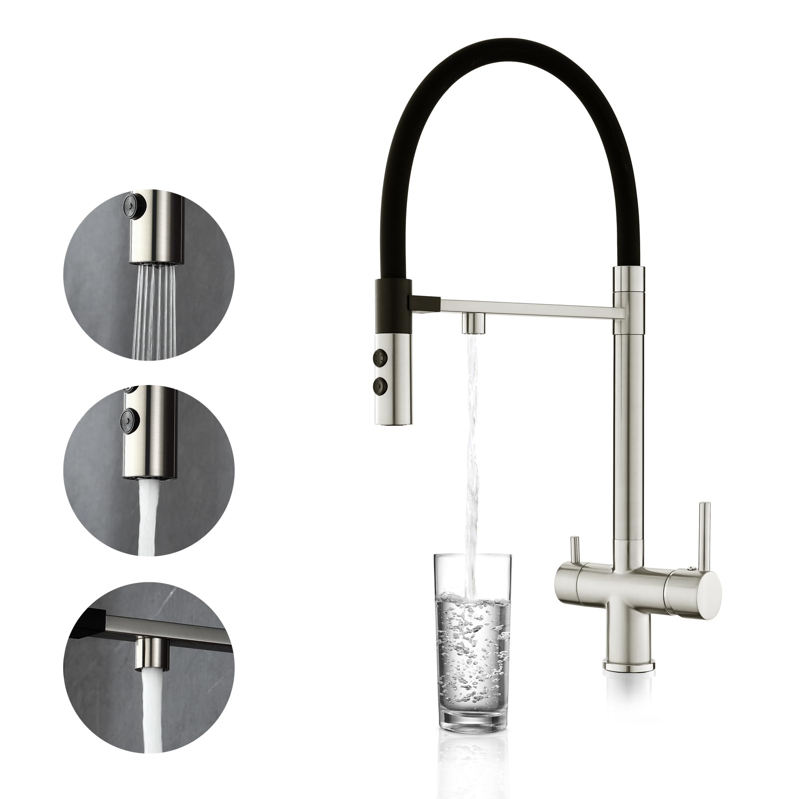 3-Way Kitchen Faucet with Water Filter - Pull Down Sink Faucet & Drinking Water Faucet - Brushed Nickel Finish - Magnetic Spray Nozzle - Perfect for Modern Kitchens, Home Renovation & Water Purification Systems