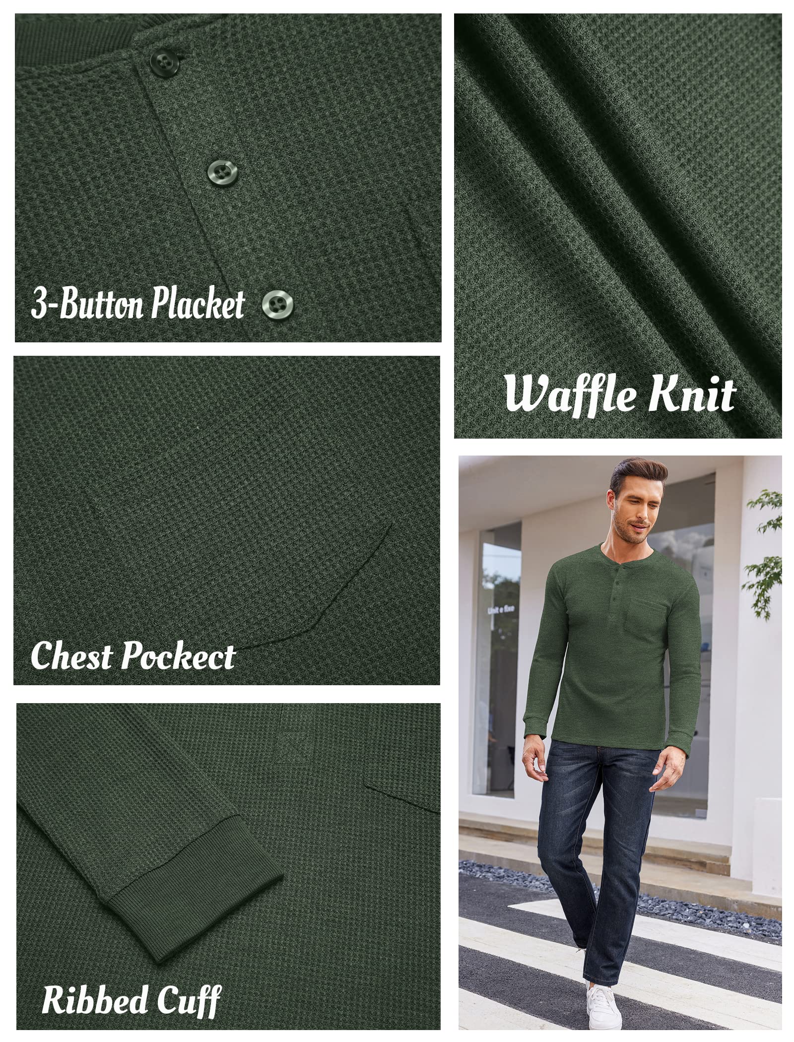 COOFANDY Men's Henley Shirt Long Sleeve Waffle Knit Pullover T-Shirt with Pocket | Casual Button Down Shirt for Men | Perfect for Work, Date Night & Outdoor Activities