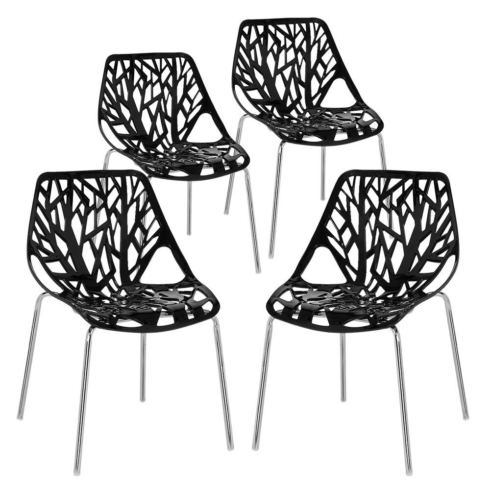 VINGLI Set of 4 Modern Stackable Dining Chairs - Black Birch Wood Accent Chairs for Kitchen, Dining Room & Office - Easy Assembly Home Furniture