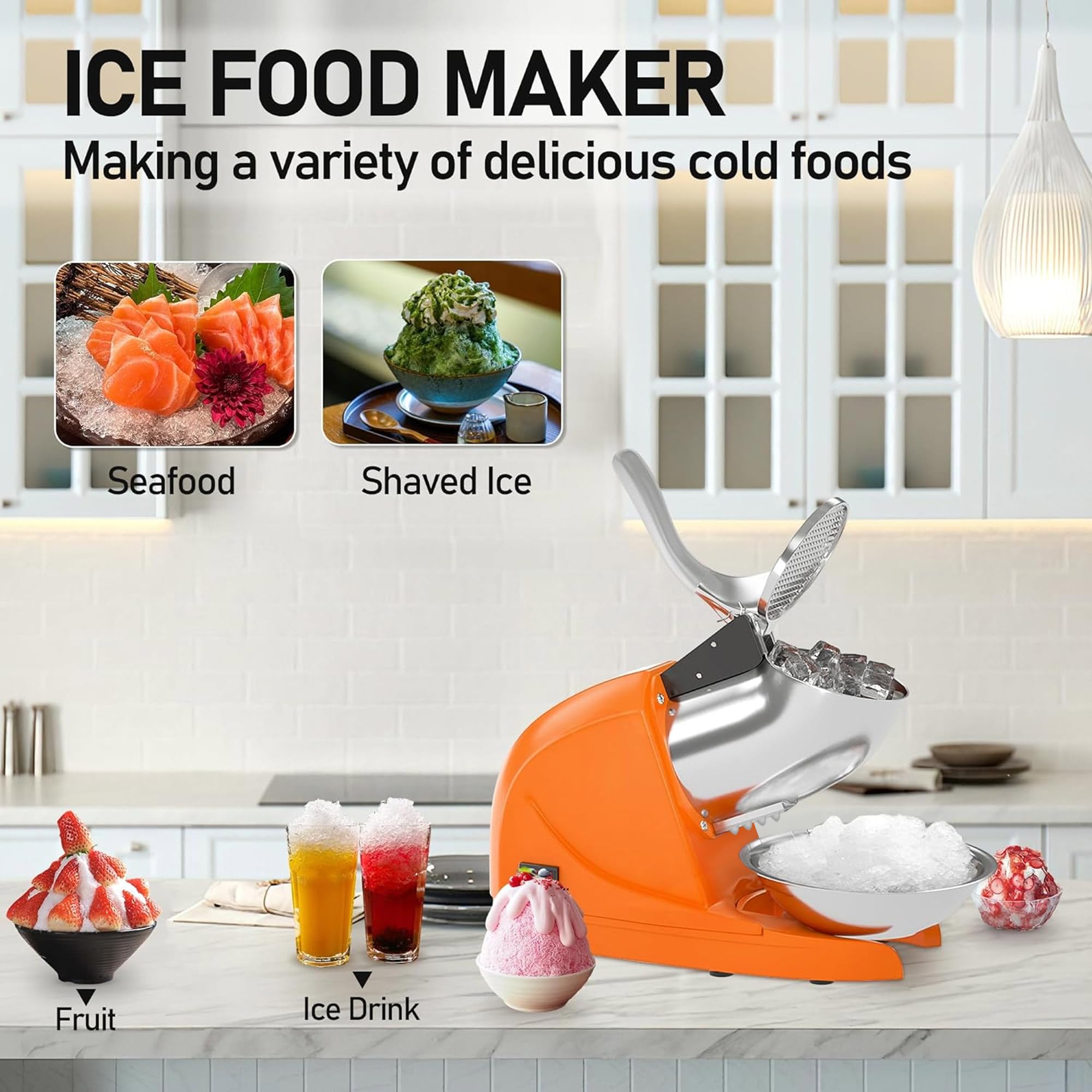 Electric Shaved Ice Machine - 380W 3-Blade Commercial & Home Snow Cone Maker - 286 lb/hr High-Capacity Ice Crusher (Orange) - Perfect for Parties, Events, and Home Refreshments