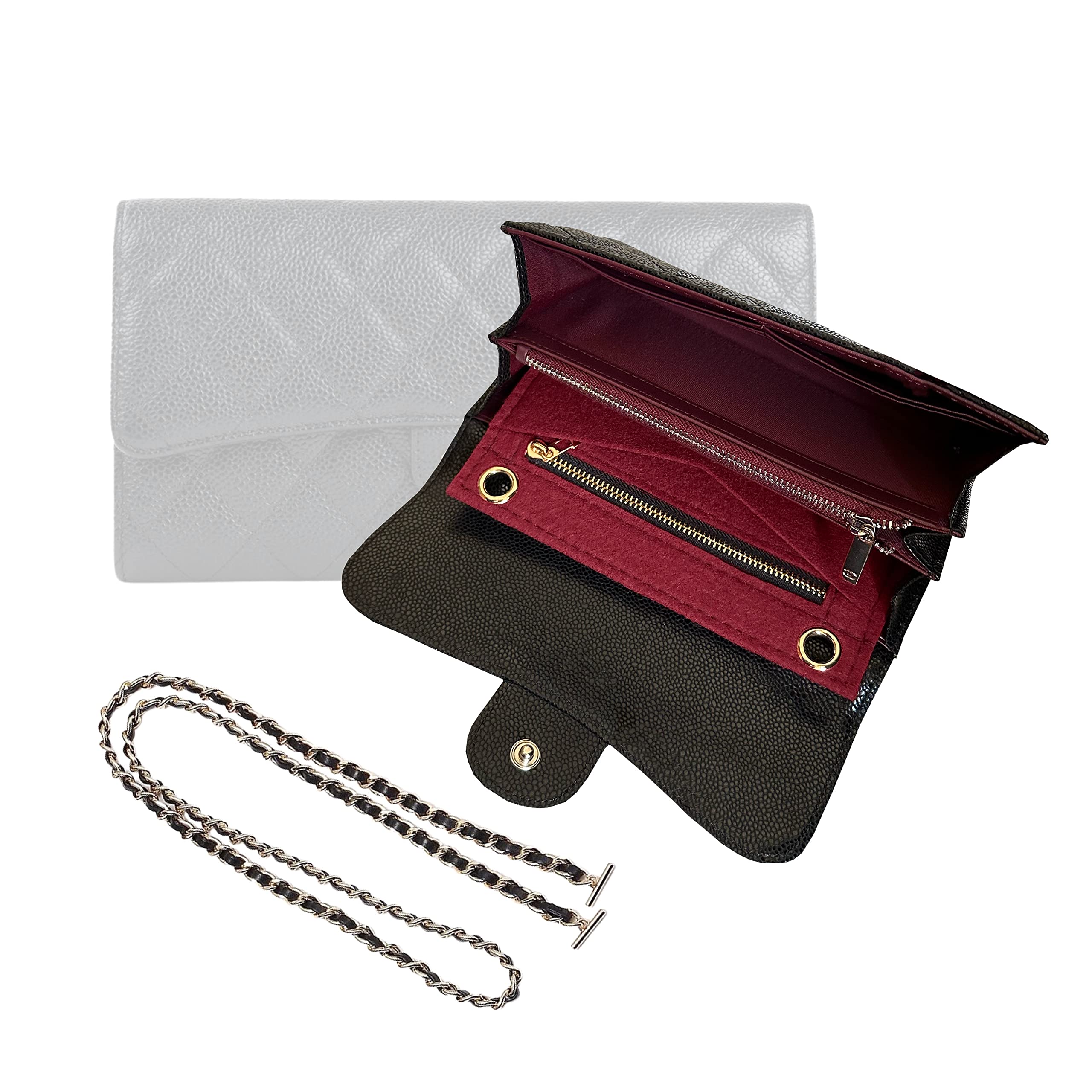 Long Wallet Conversion Kit for Long Flap Wallet Insert & Chain Strap - Gold/Silver Card Holder Crossbody Converter Kit with 120cm Leather Chain (Black) - Perfect for Everyday Use, Travel & Fashion Accessories
